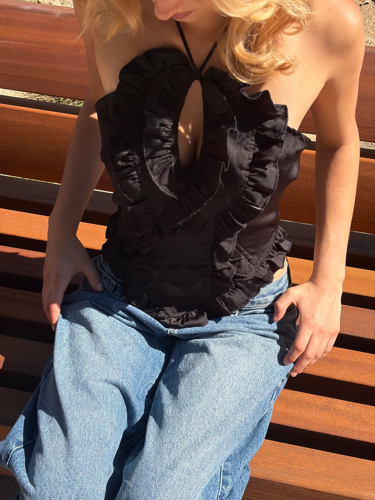 Ruffle Semi Sheer Halter - Black