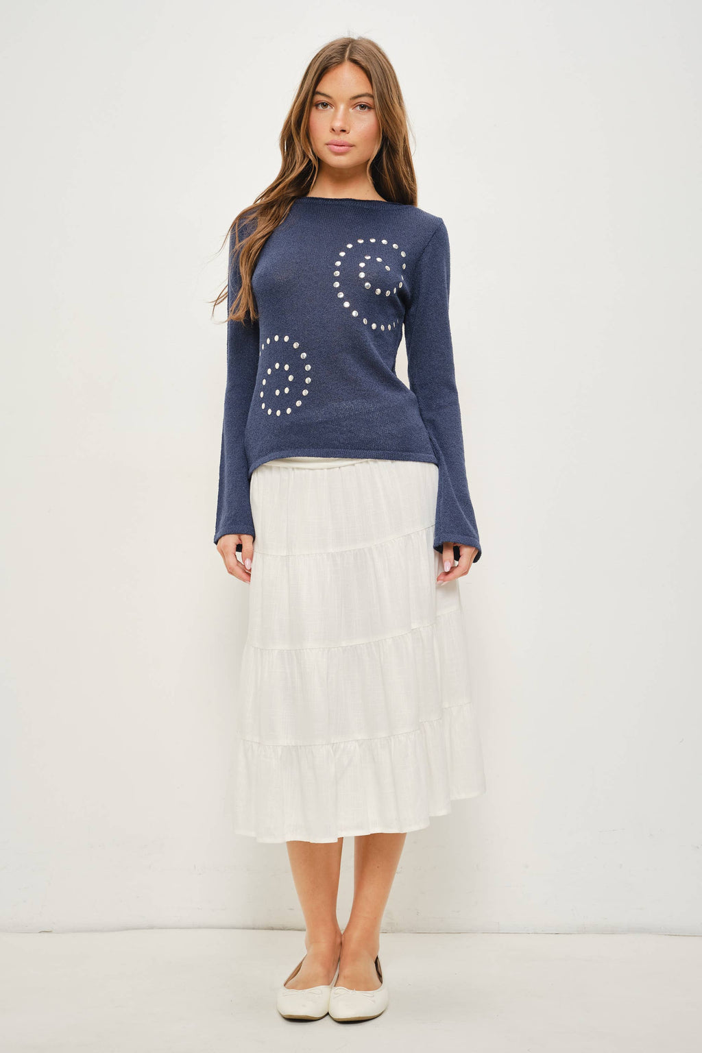 Ellie Studded Knit Long Sleeve Top - Navy
