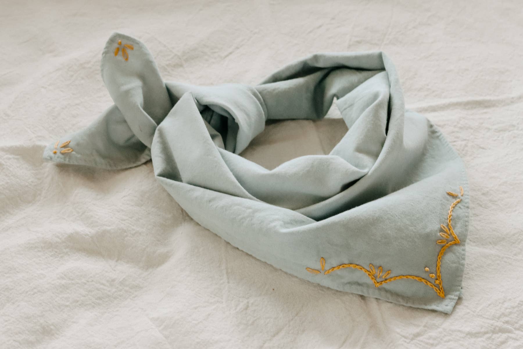 Hand Embroidered Rodeo Cotton Bandana - Sky/ Red