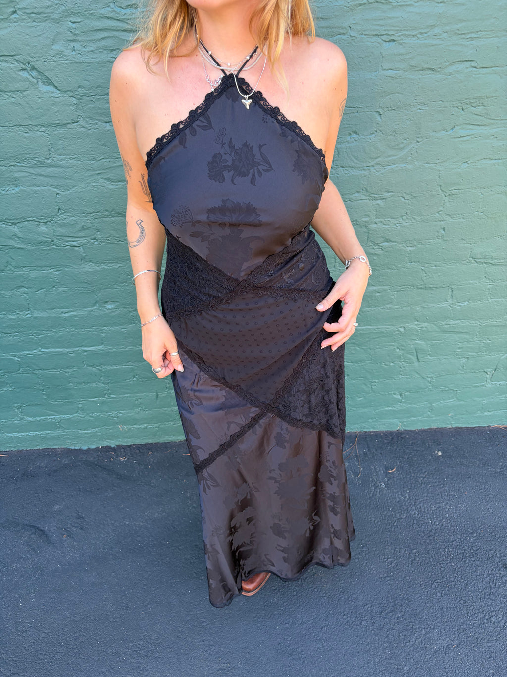 Jacquard Stain Patchwork Maxi Dress - Black
