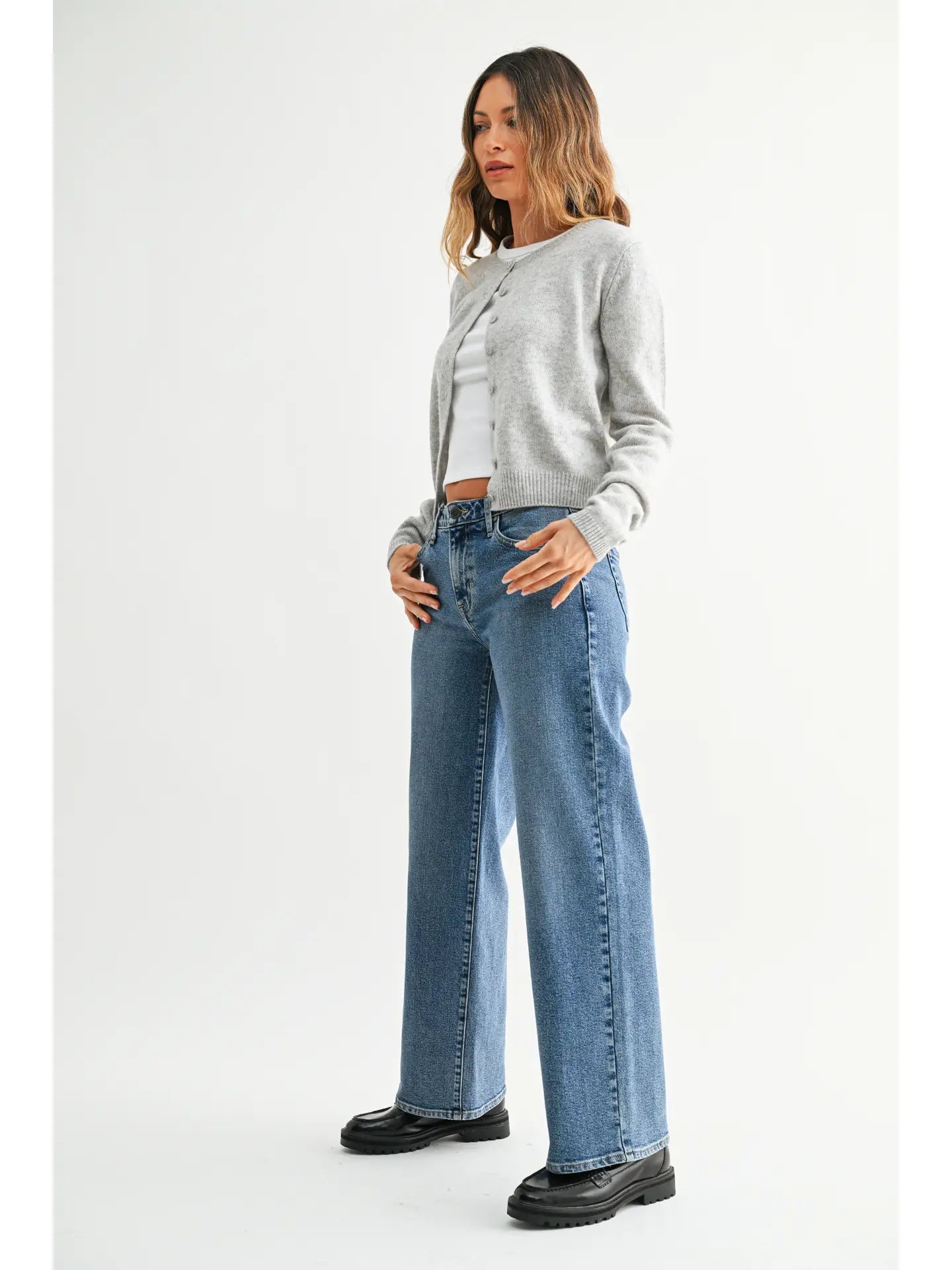Mid Rise Slim Wide Leg Jeans - Medium Denim