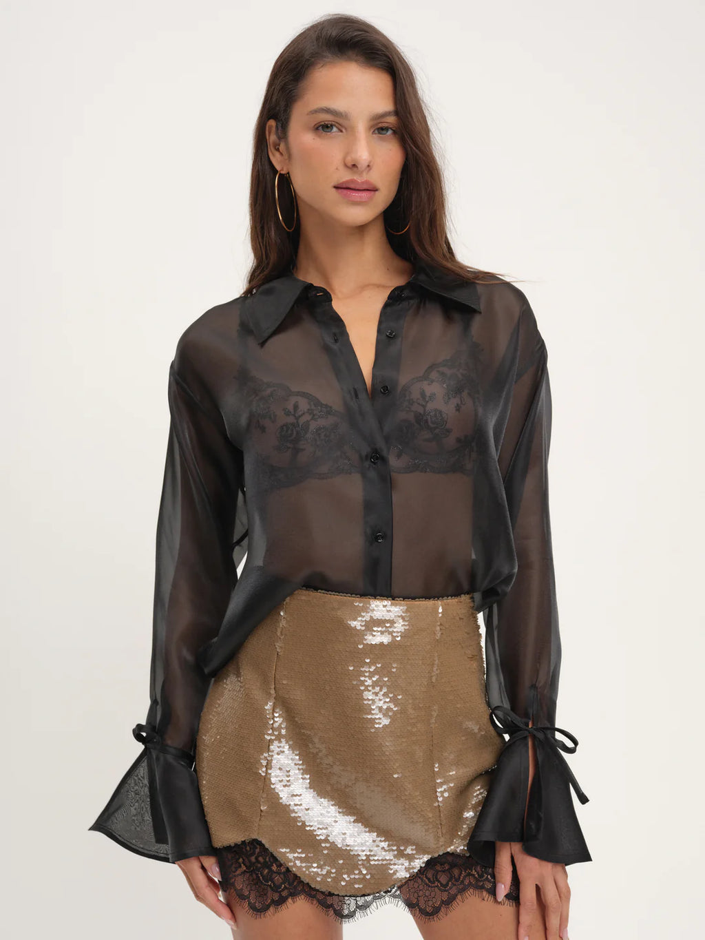 Organza Button-Up Blouse - Black