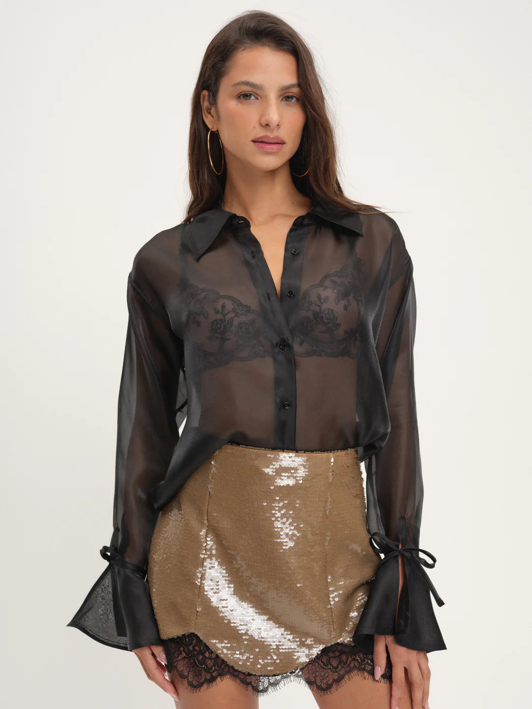 Organza Button-Up Blouse - Black