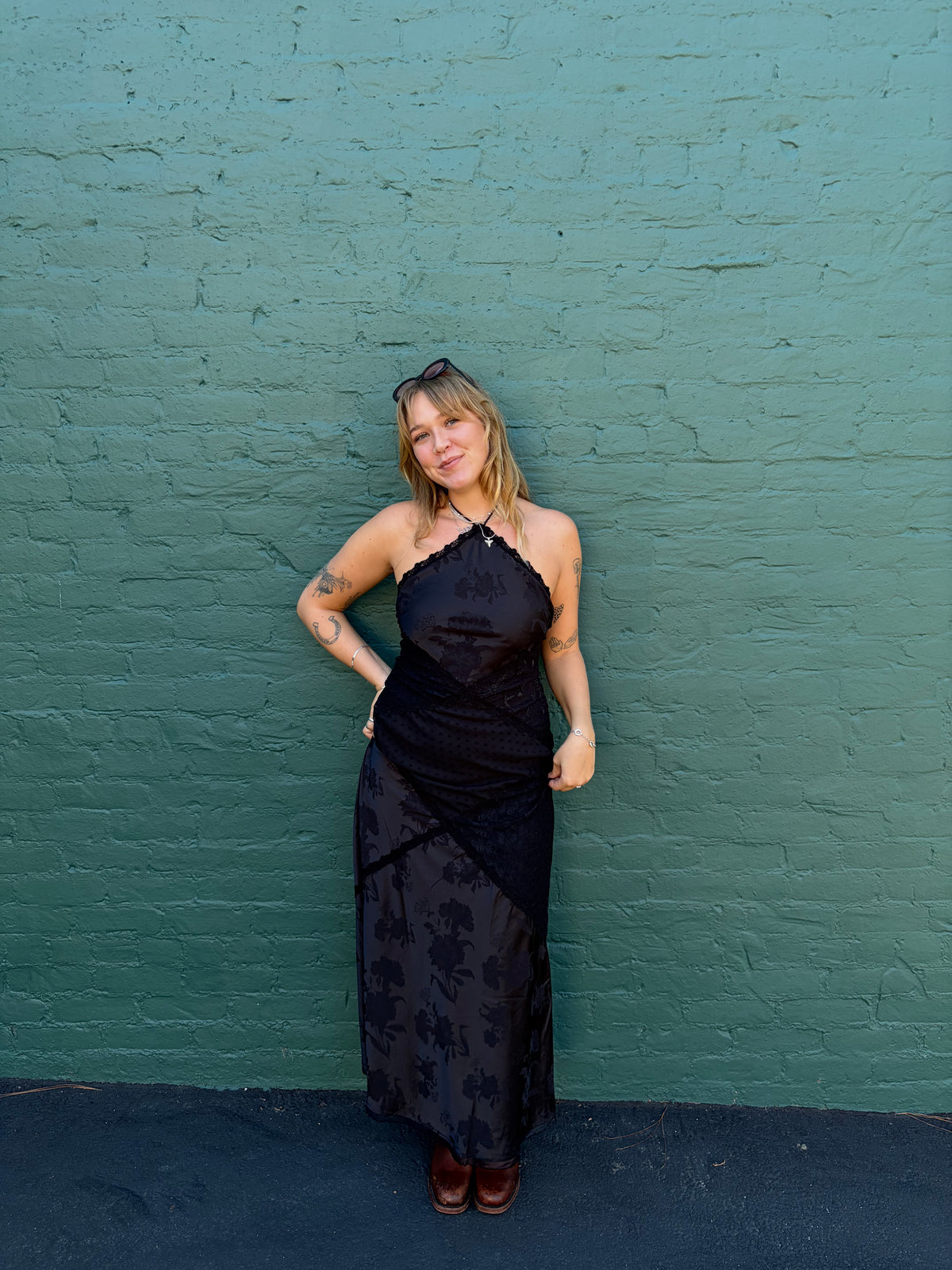 Jacquard Stain Patchwork Maxi Dress - Black