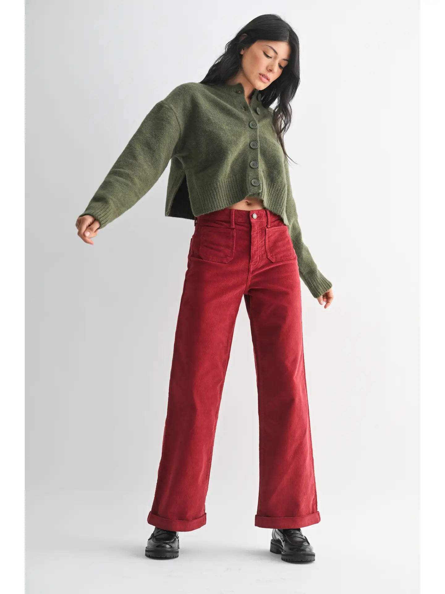 Corduroy Mini Patch Pocket Wide Leg - Dark Red
