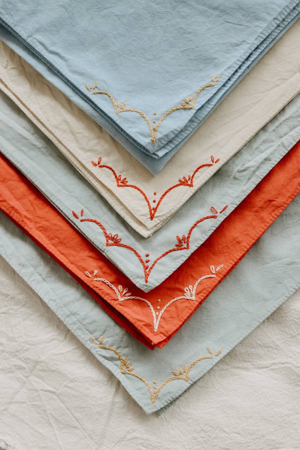 Hand Embroidered Rodeo Cotton Bandana - Sky/ Red