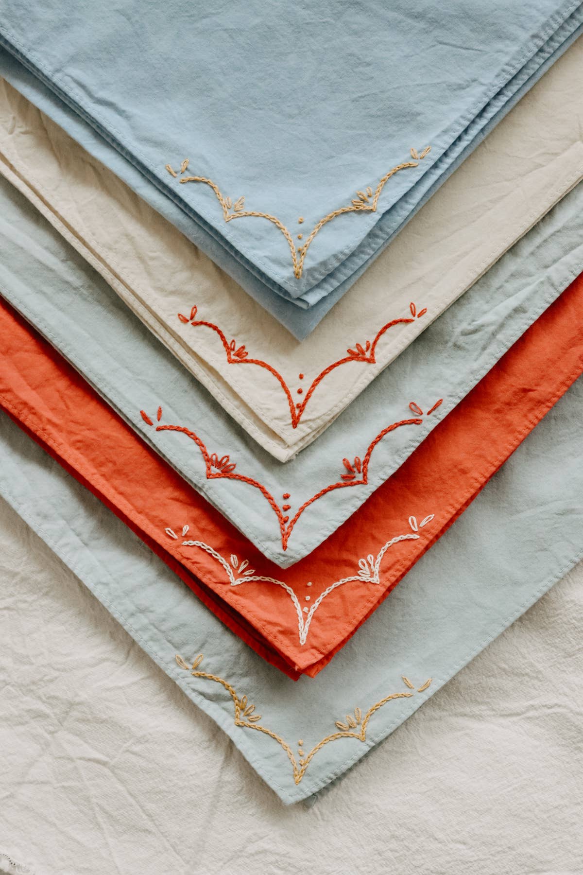 Hand Embroidered Rodeo Cotton Bandana - Sky/ Red
