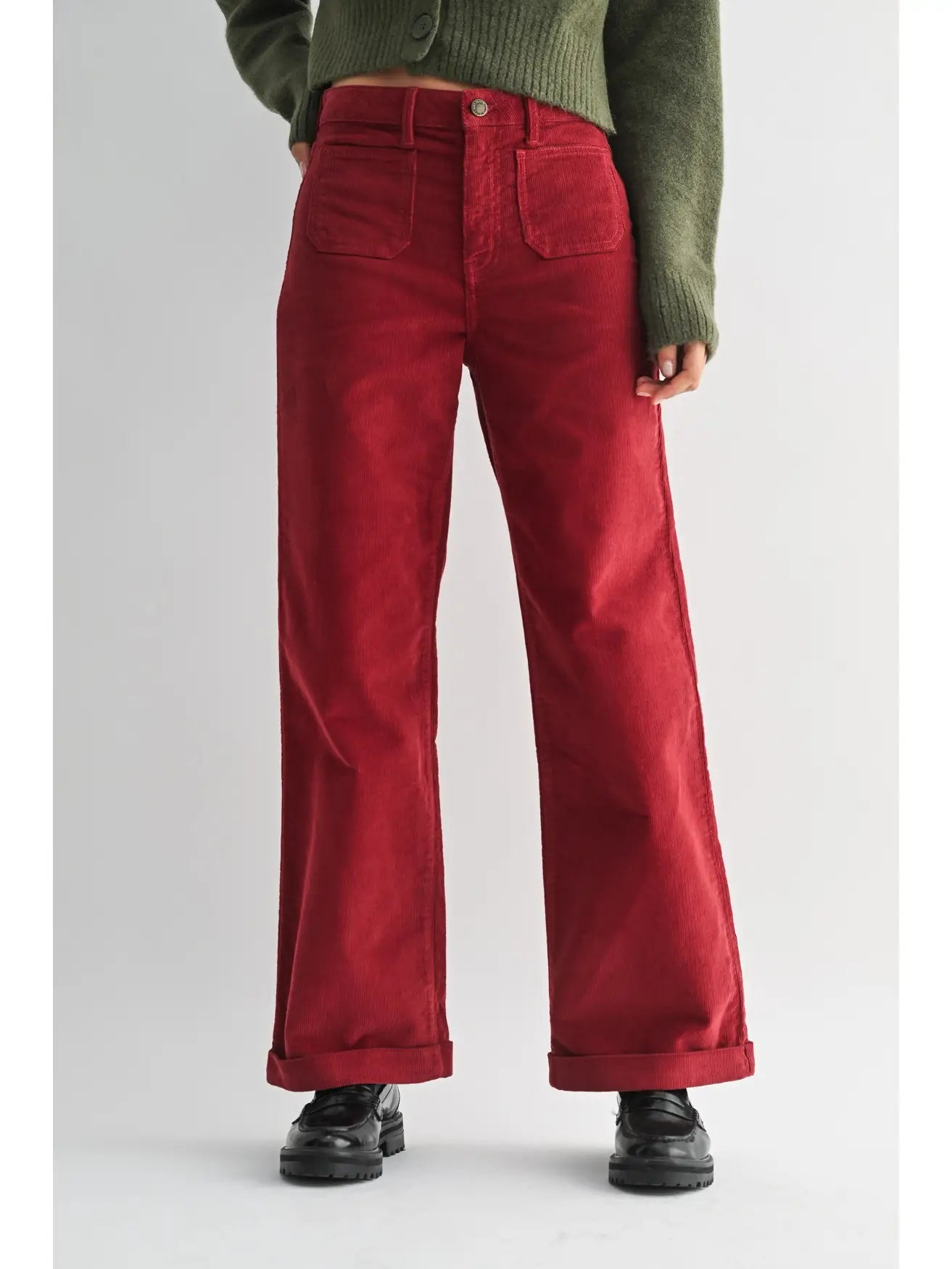 Corduroy Mini Patch Pocket Wide Leg - Dark Red
