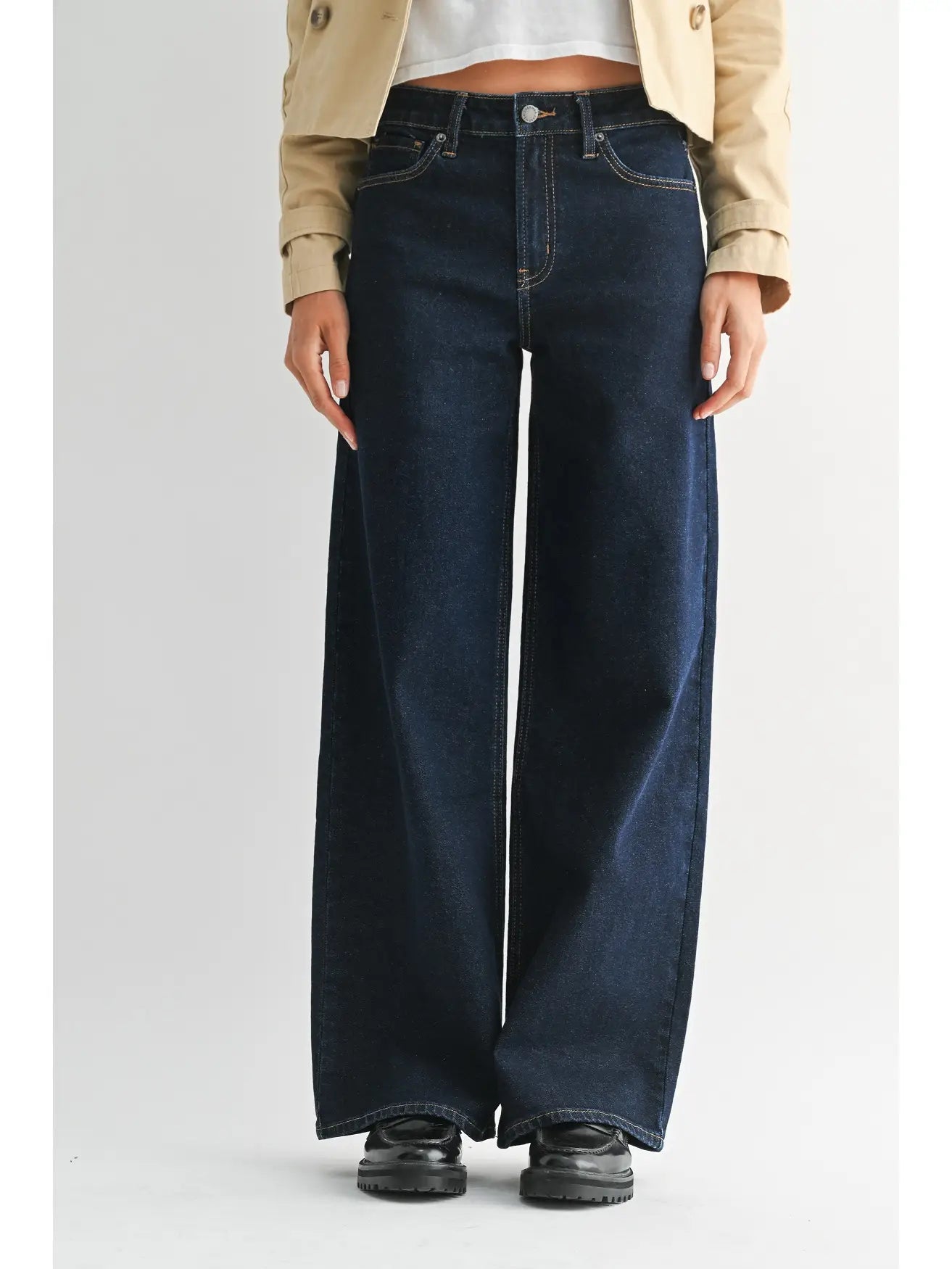 High Rise Full Length Straight Jeans - Super Dark Denim
