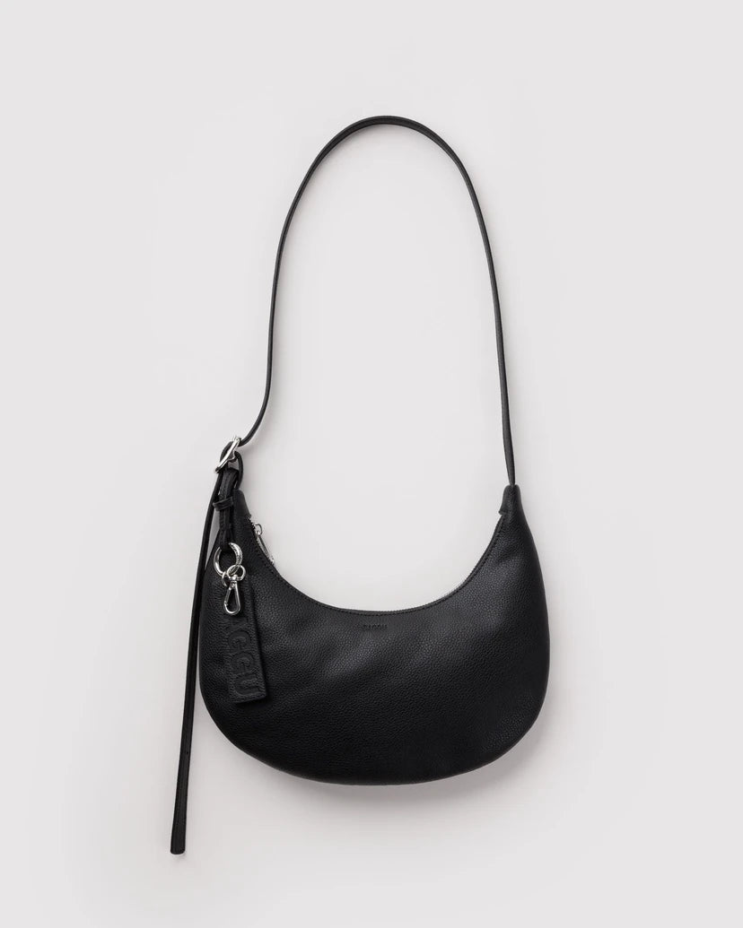 Small Recycled Leather Flat Crescent Bag - Black