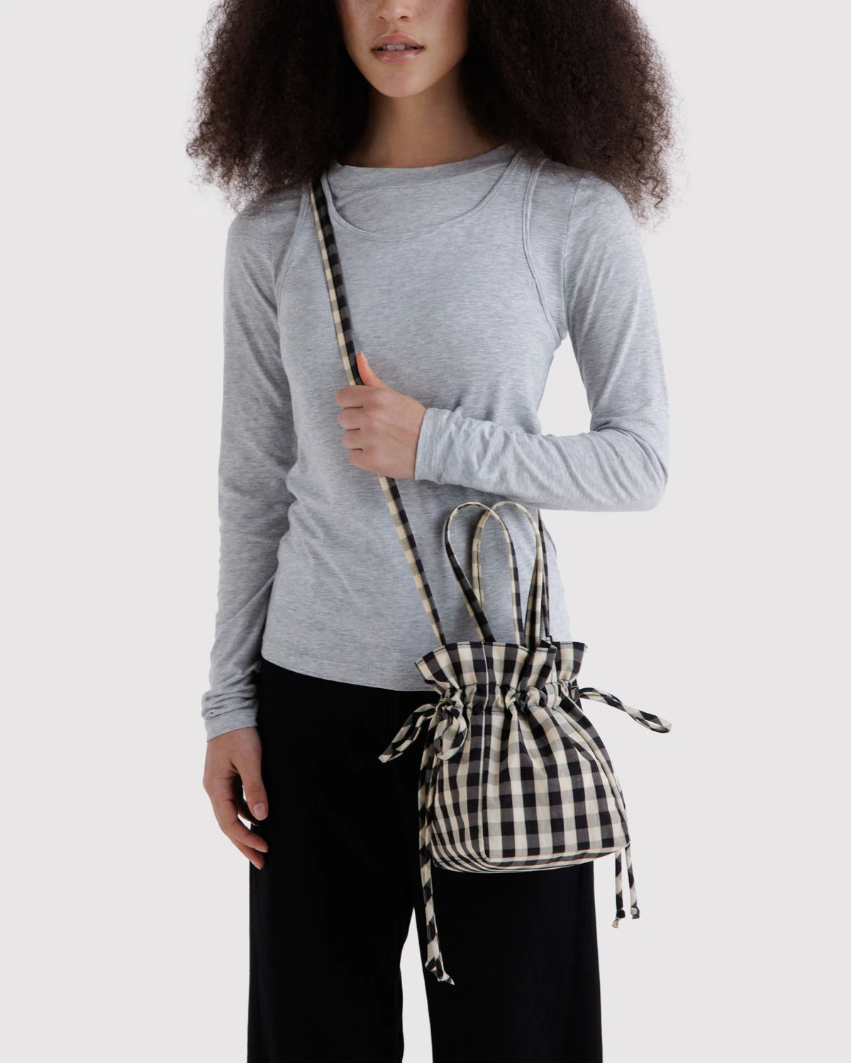 Nylon Drawstring Bag - Black + Cream Gigham