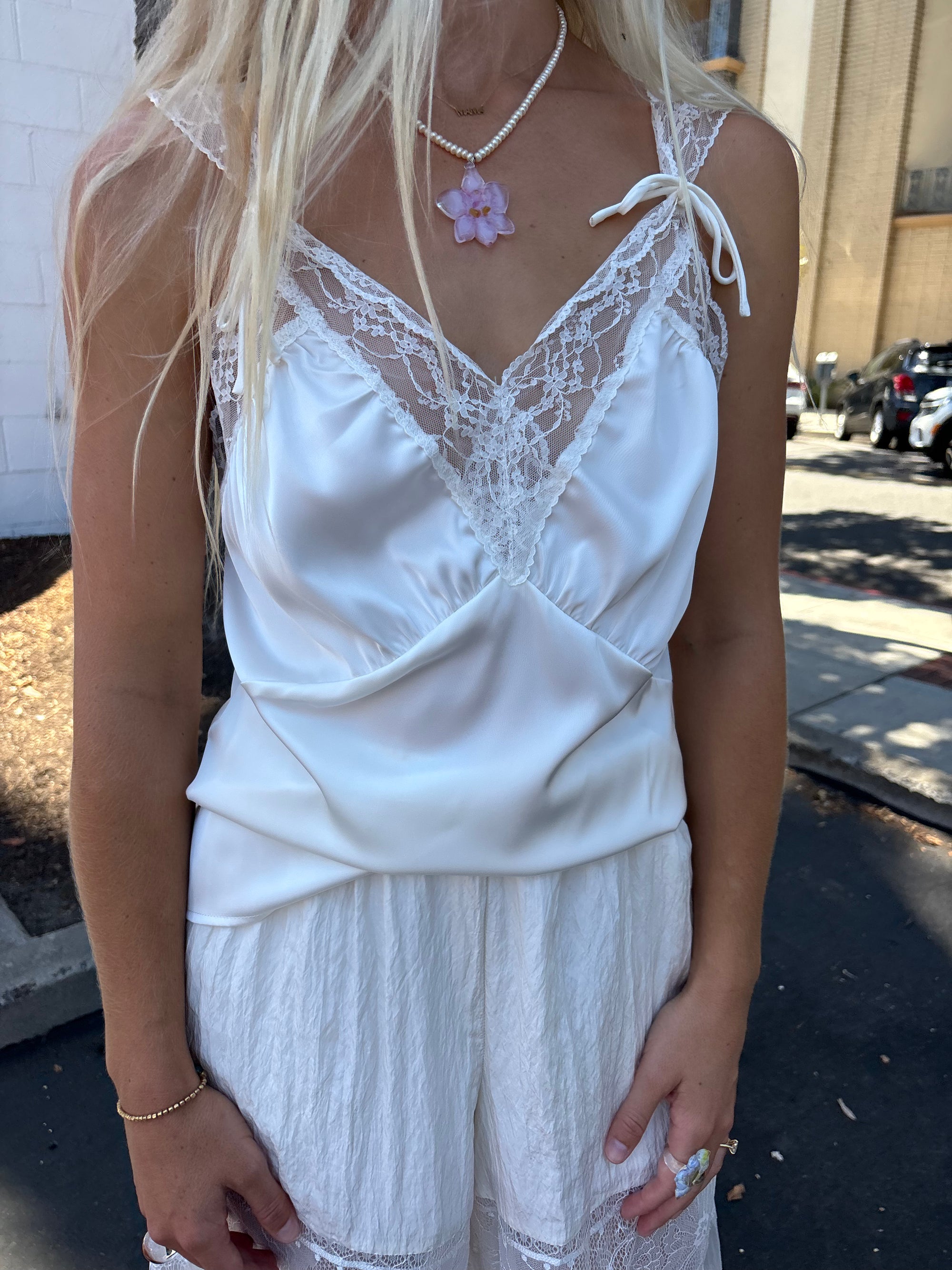 Yves Satin Lace Trim Cami - Ivory