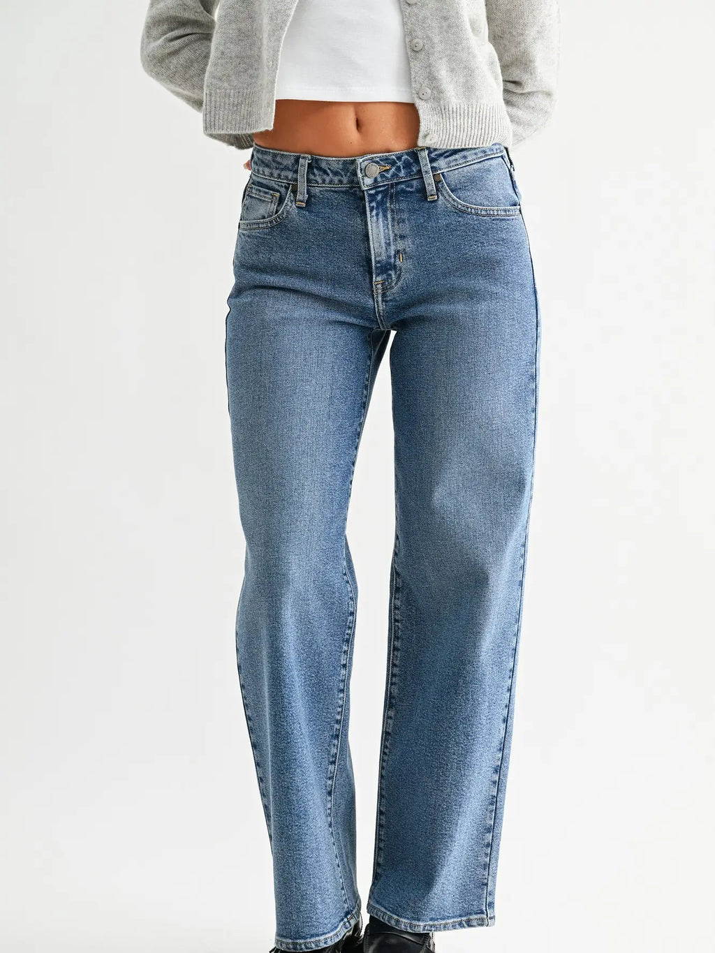 Mid Rise Slim Wide Leg Jeans - Medium Denim