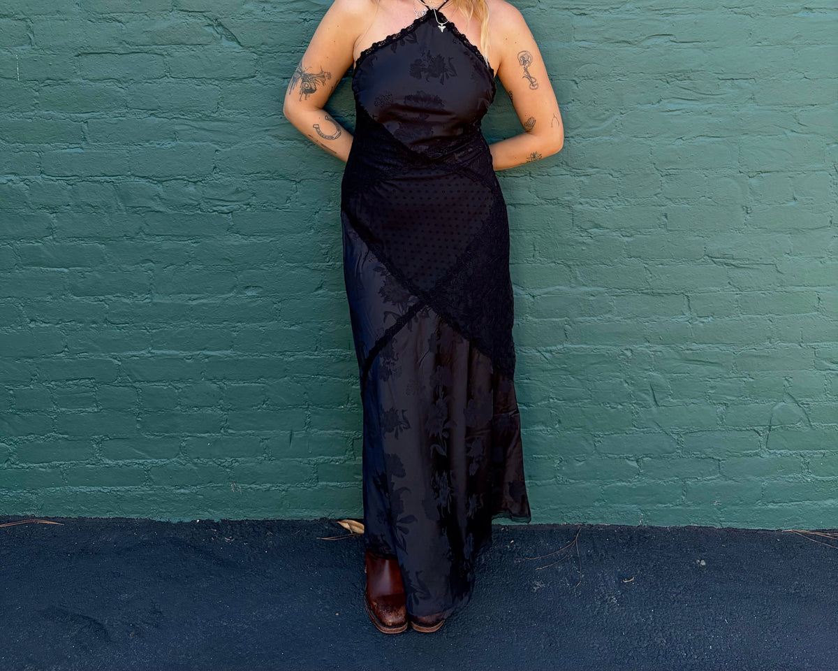 Jacquard Stain Patchwork Maxi Dress - Black