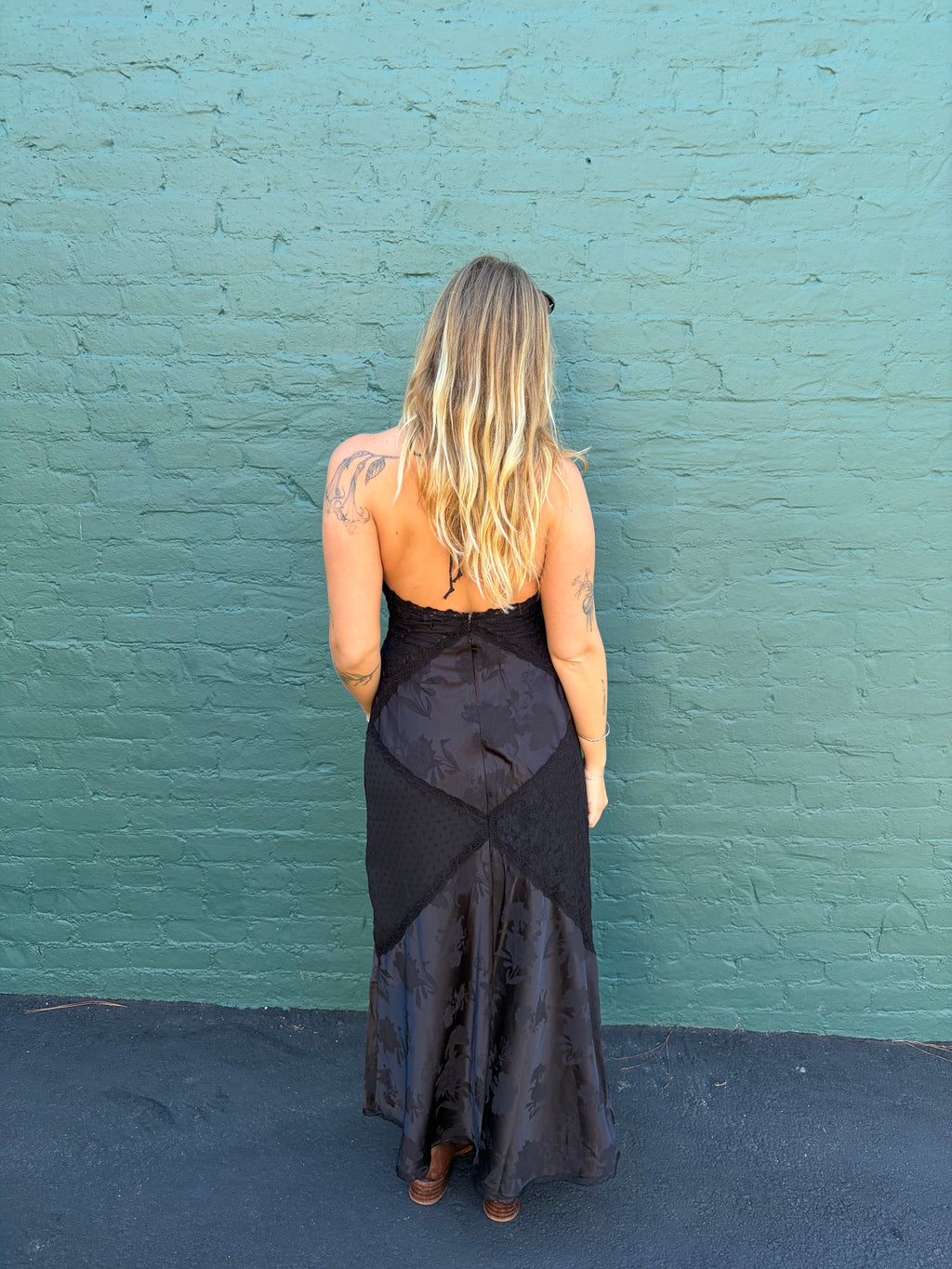Jacquard Stain Patchwork Maxi Dress - Black