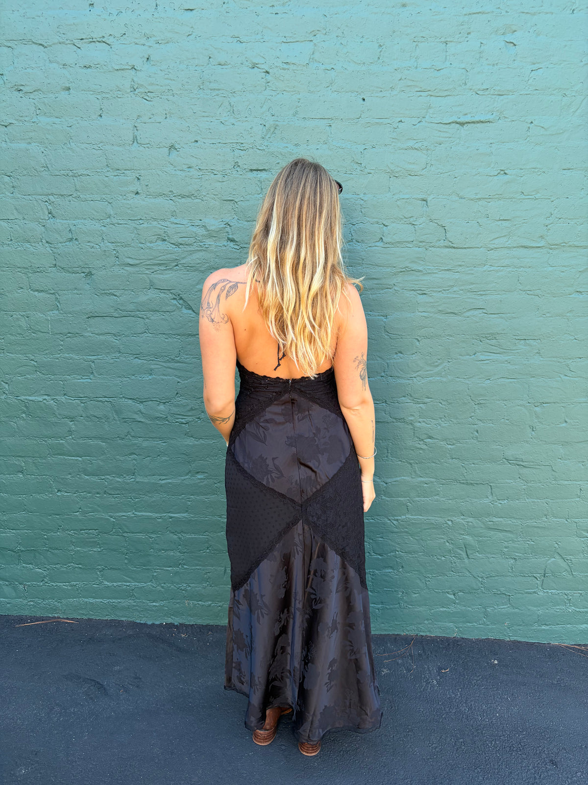 Jacquard Stain Patchwork Maxi Dress - Black
