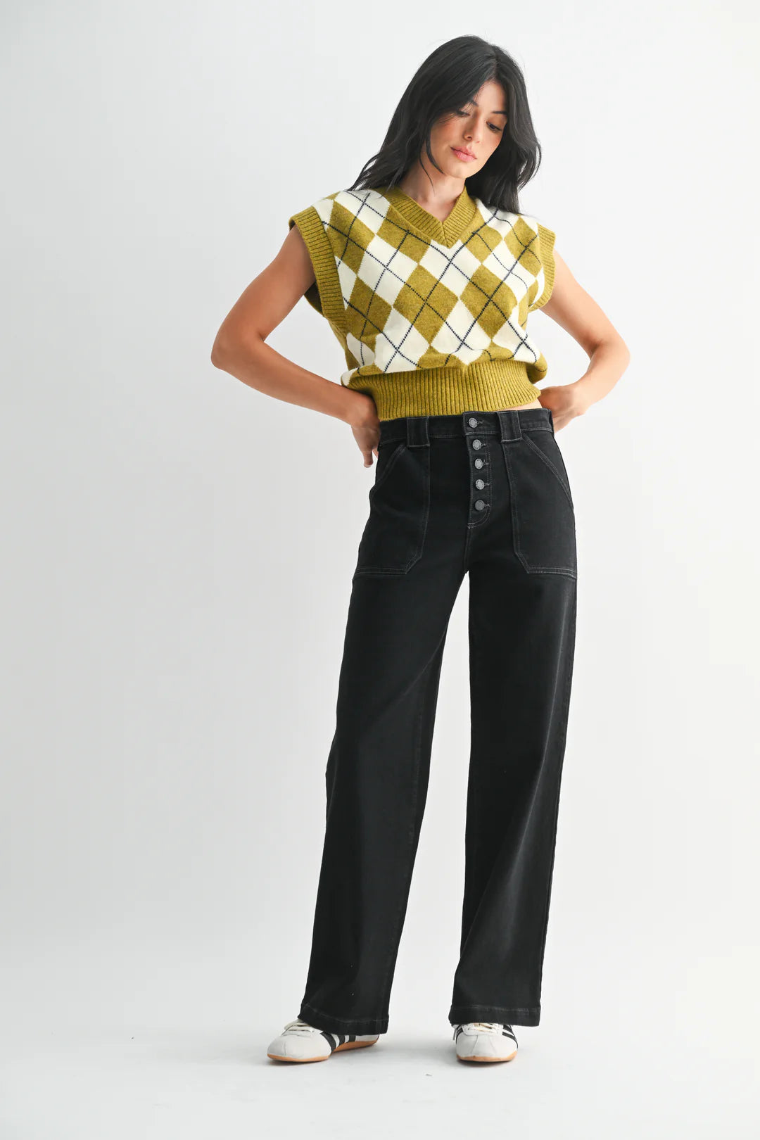 Button Down Slim Wide Leg Jeans - Black