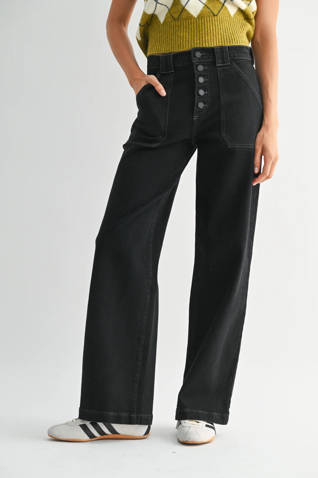 Button Down Slim Wide Leg Jeans - Black
