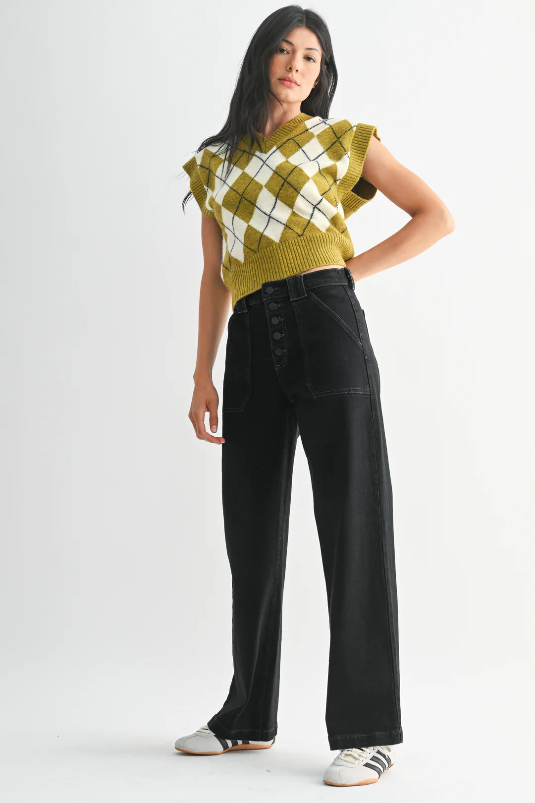 Button Down Slim Wide Leg Jeans - Black