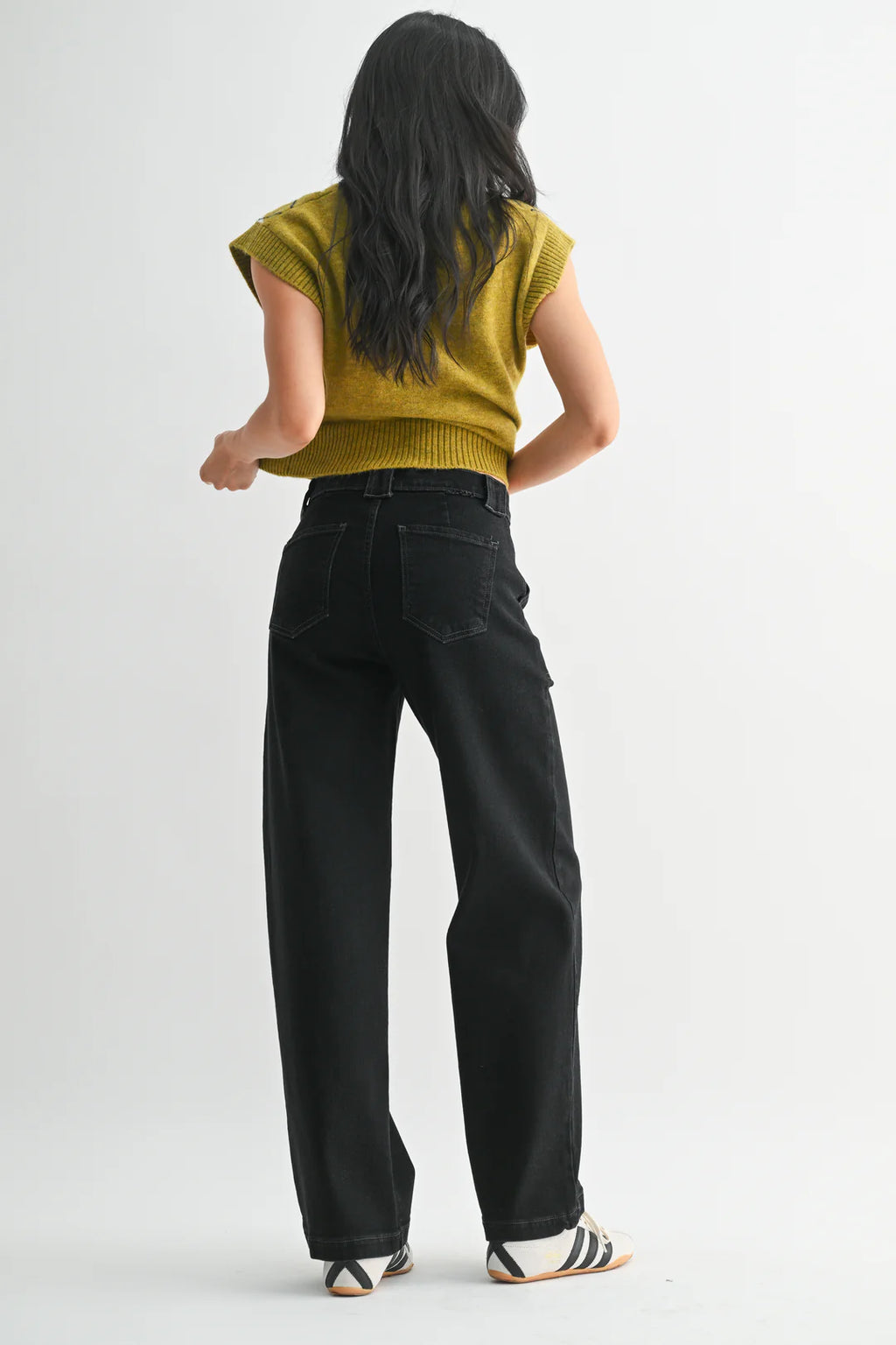 Button Down Slim Wide Leg Jeans - Black