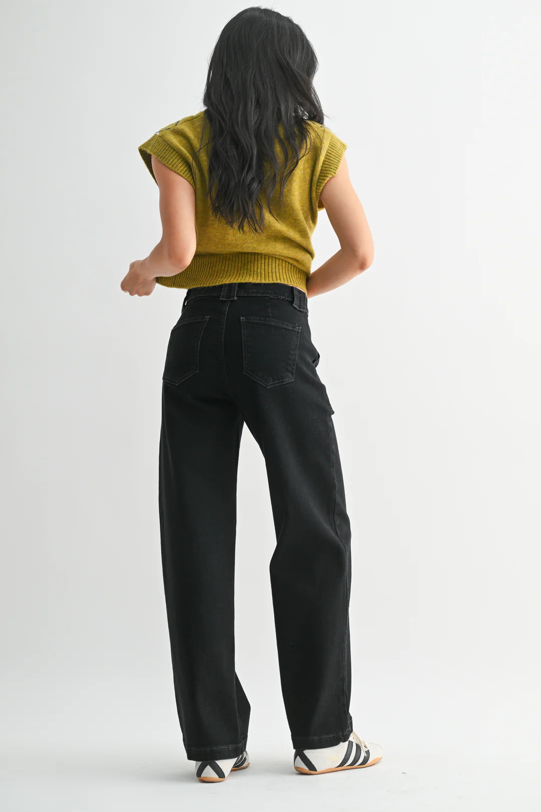 Button Down Slim Wide Leg Jeans - Black