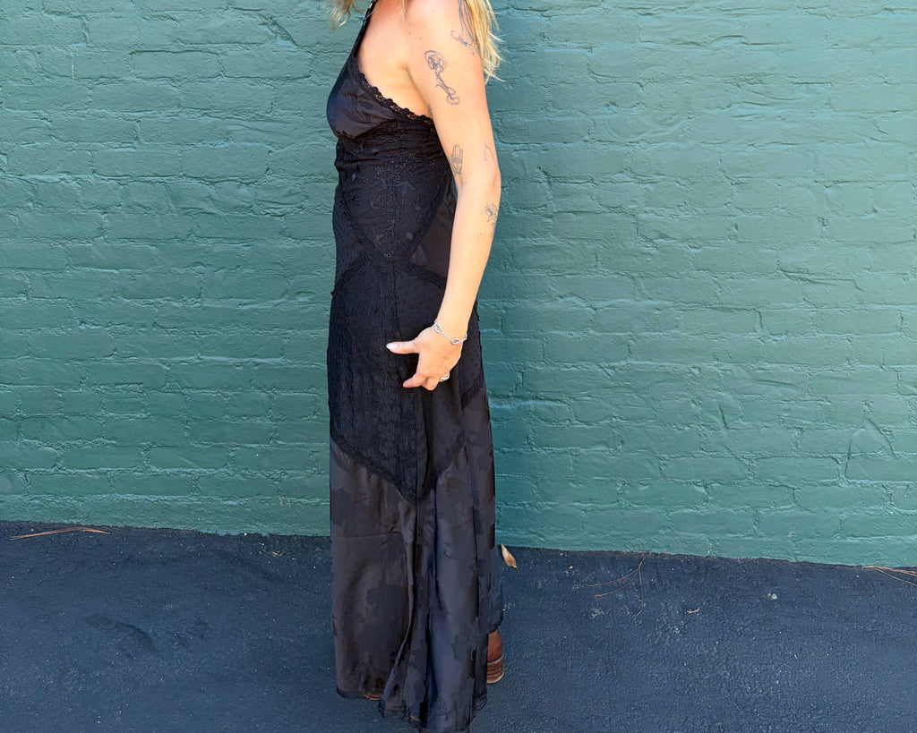 Jacquard Stain Patchwork Maxi Dress - Black