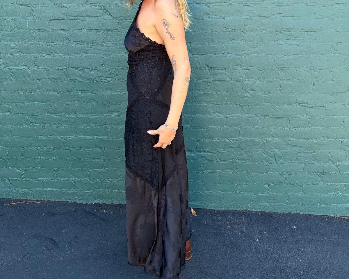 Jacquard Stain Patchwork Maxi Dress - Black