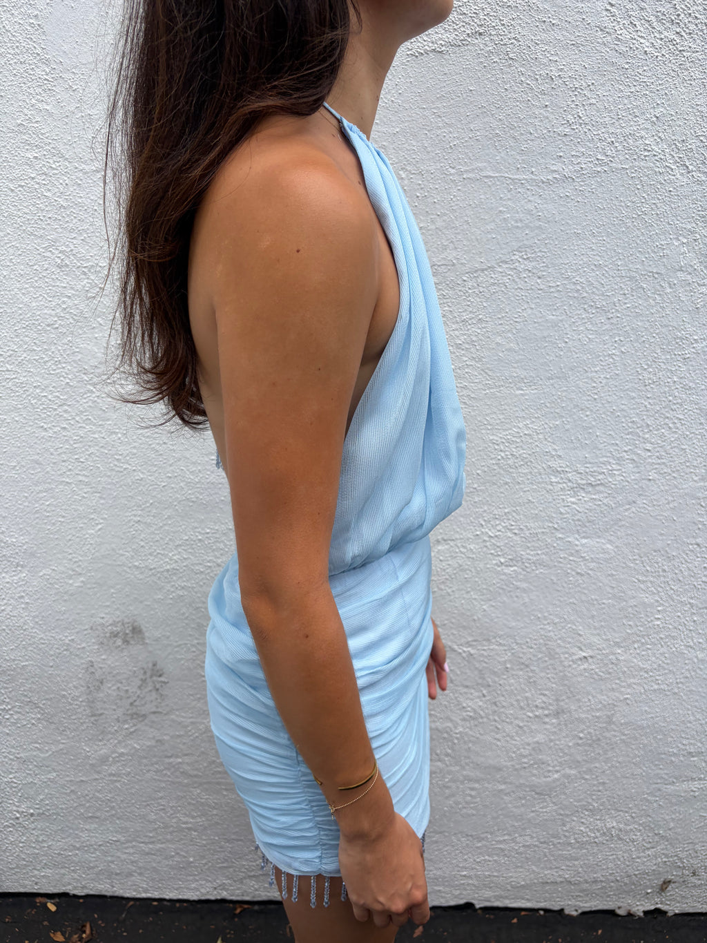 Crystal Drop Halter Dress - Sky