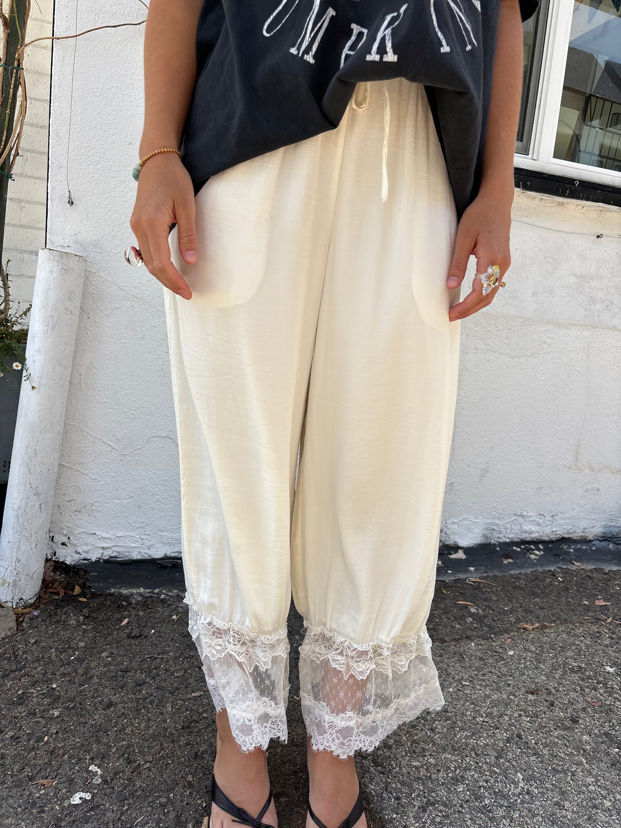 Satin Lace Trim Ruffle Pant - Cloud