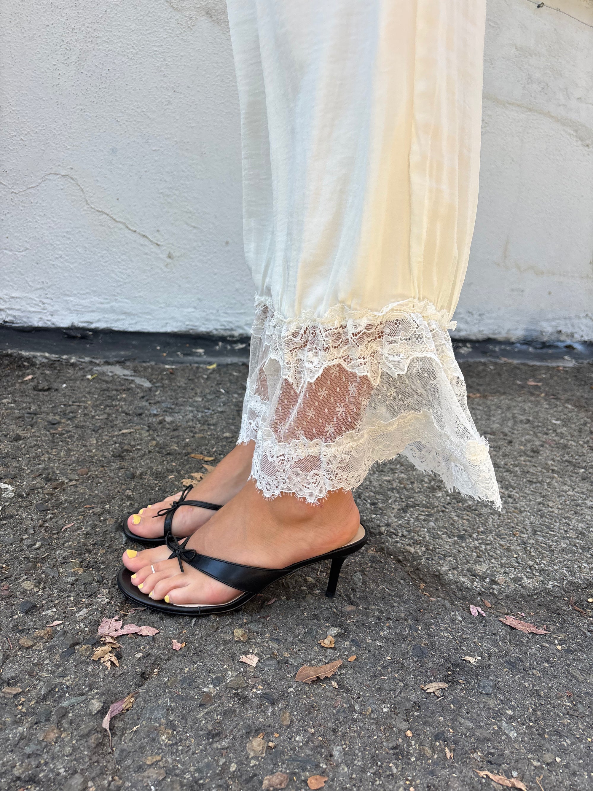 Satin Lace Trim Ruffle Pant - Cloud