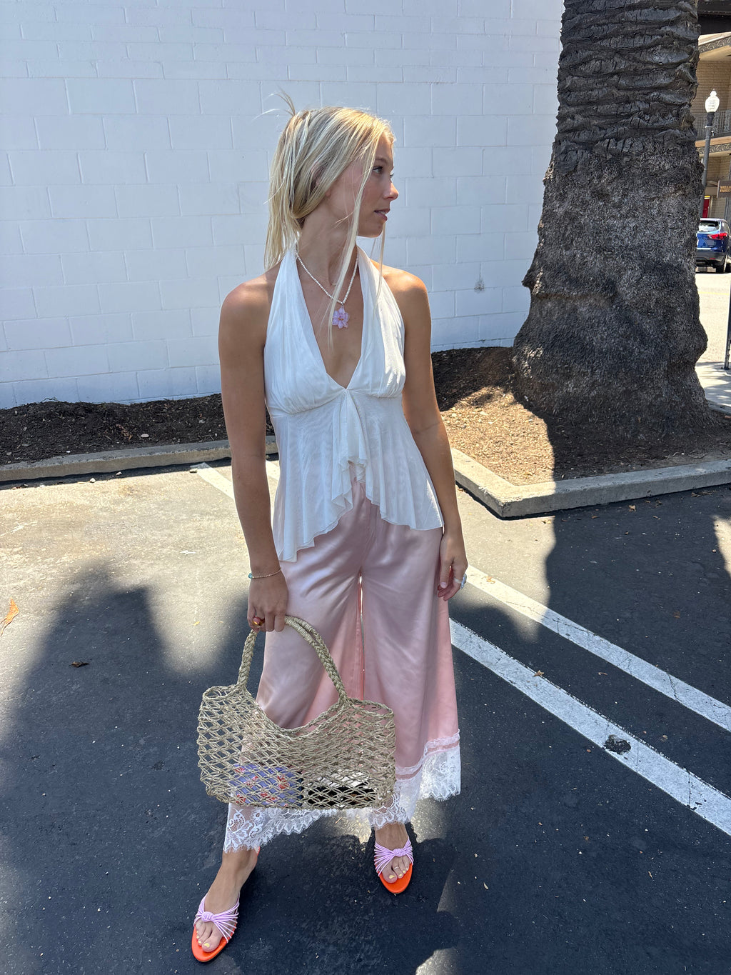 Satin Lace Trim Wide Leg Pant - Pink