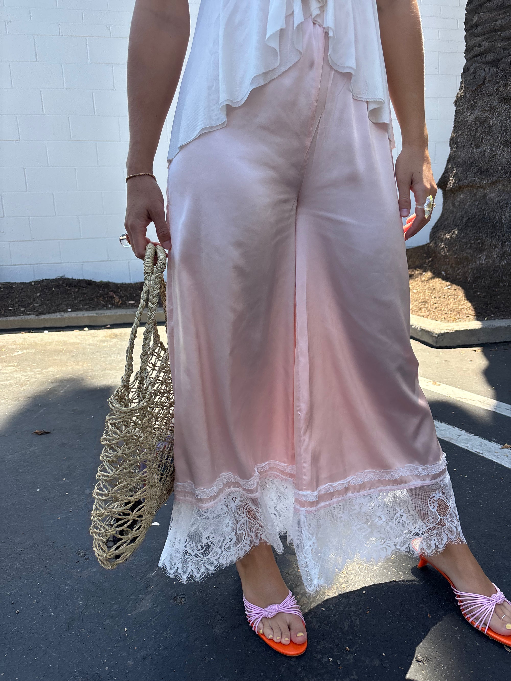 Satin Lace Trim Wide Leg Pant - Pink