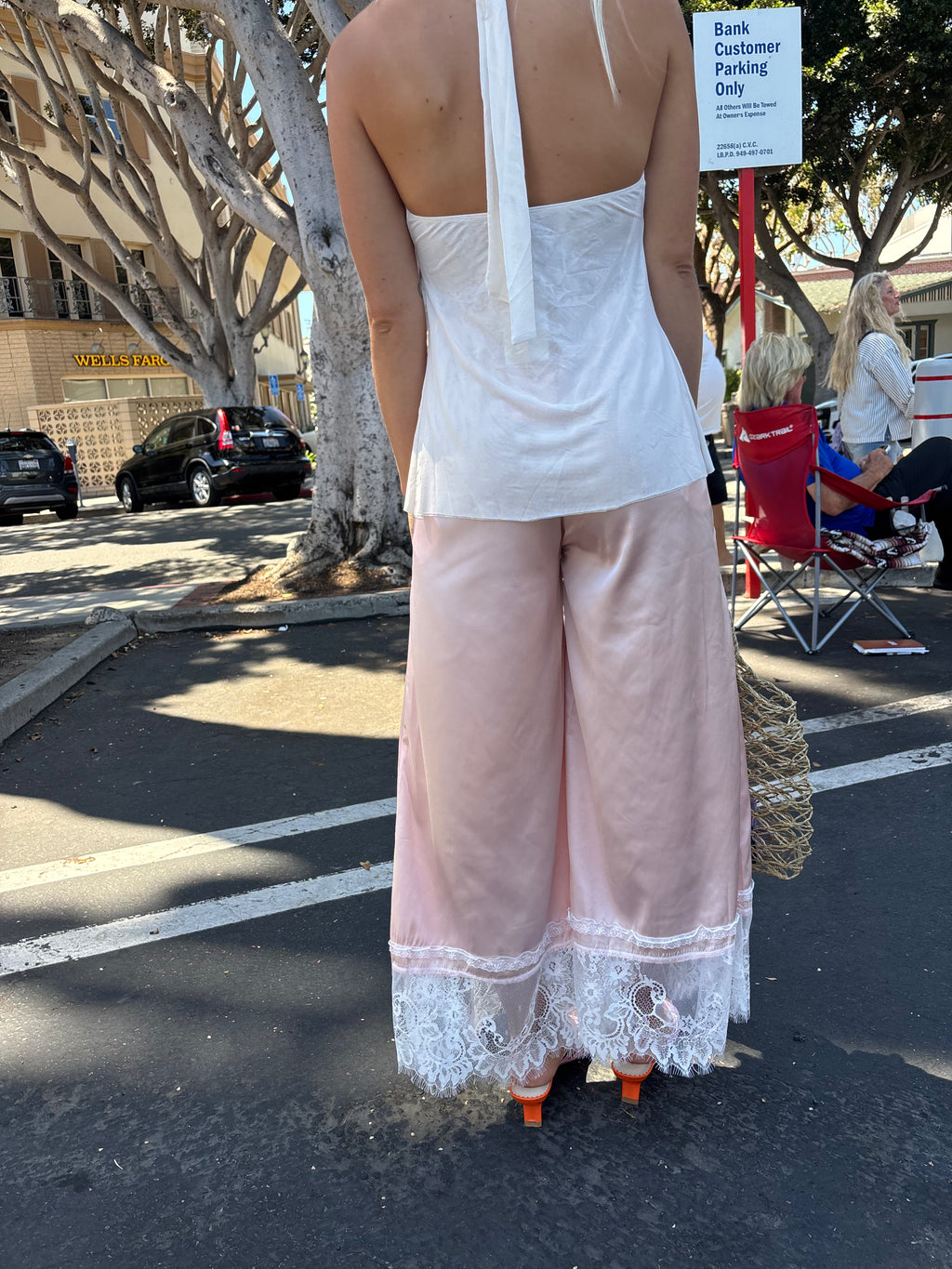 Satin Lace Trim Wide Leg Pant - Pink