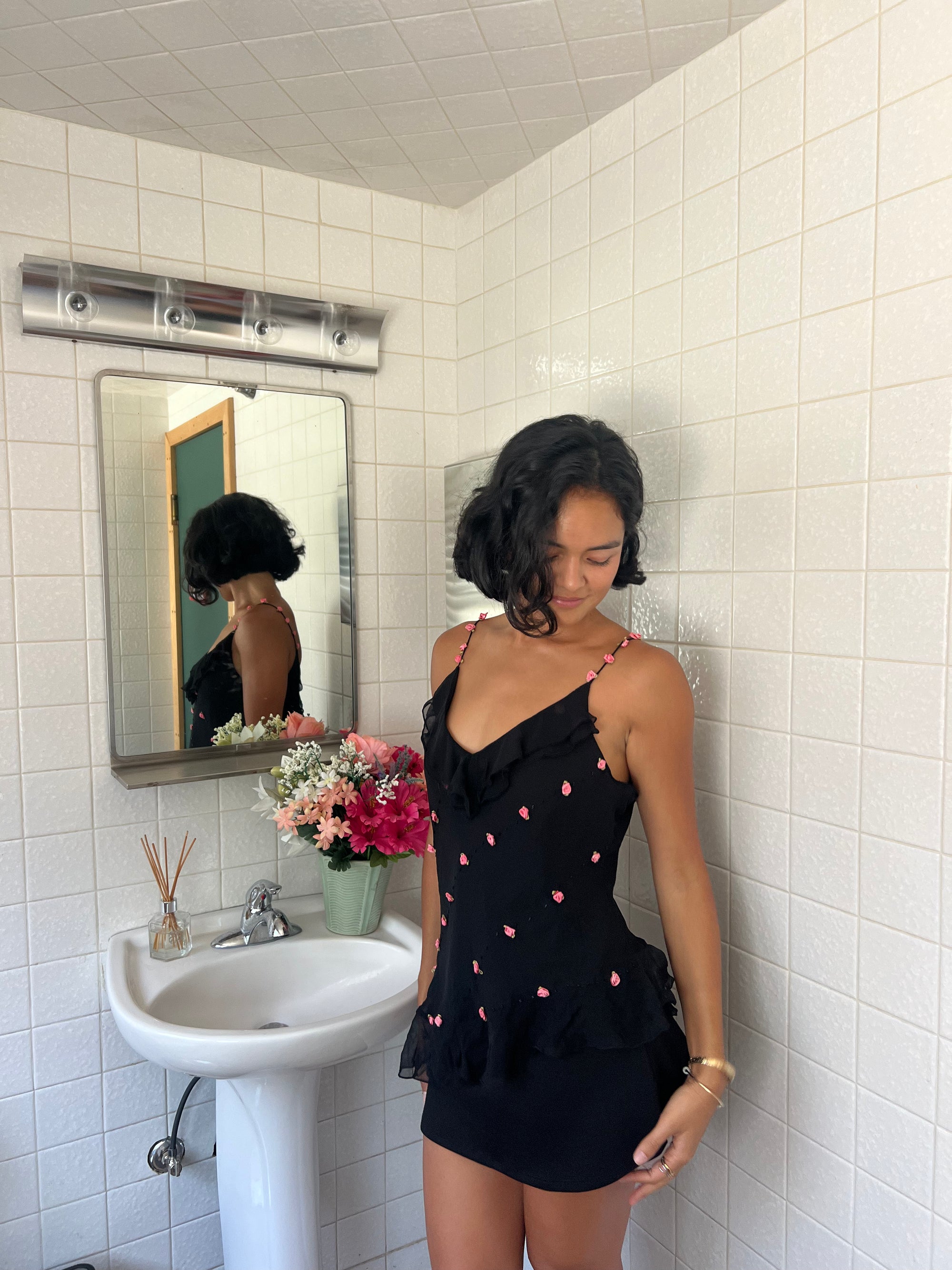 Vintage ICE Blk Silk Beaded Floral Asymmetrical Top