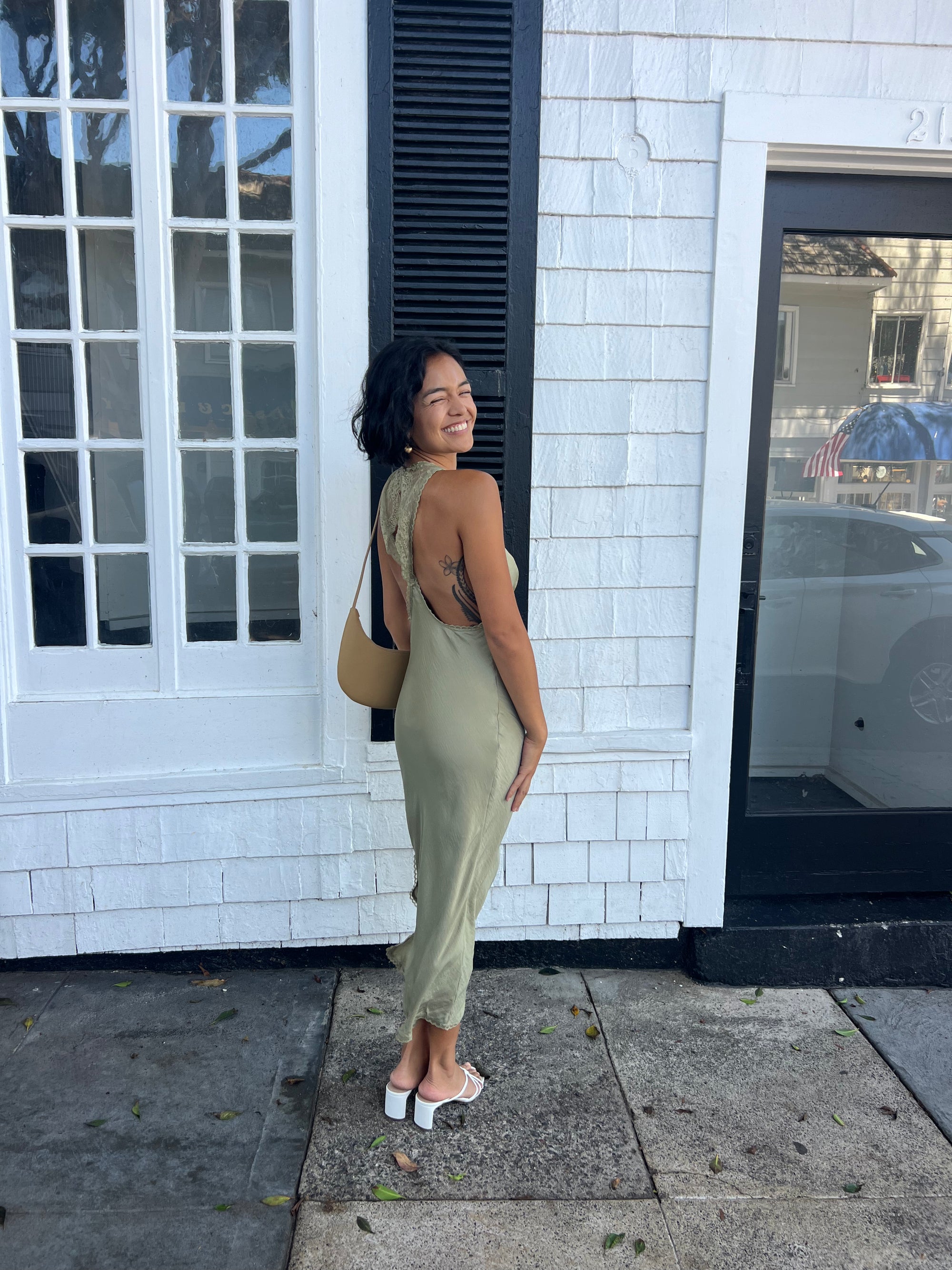 Backless Satin Maxi Dress - Sage