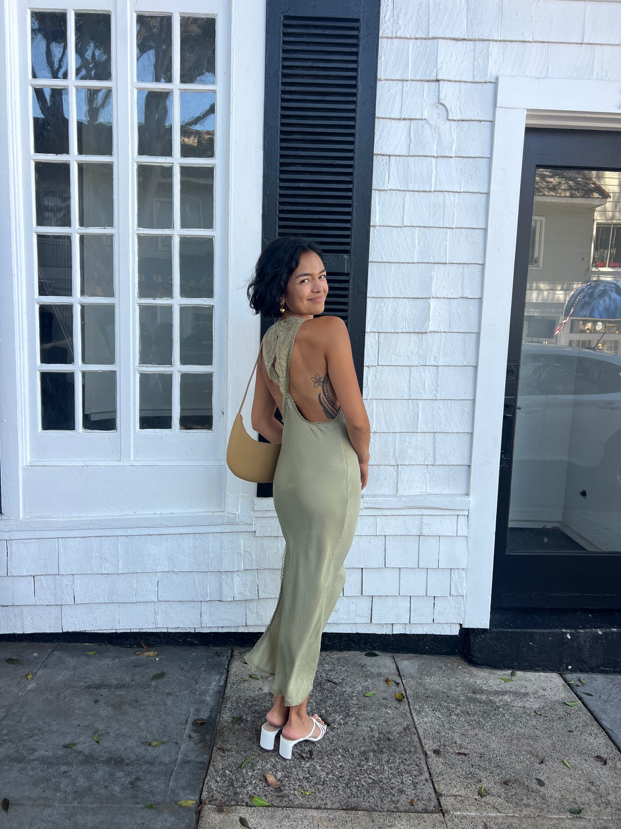 Backless Satin Maxi Dress - Sage
