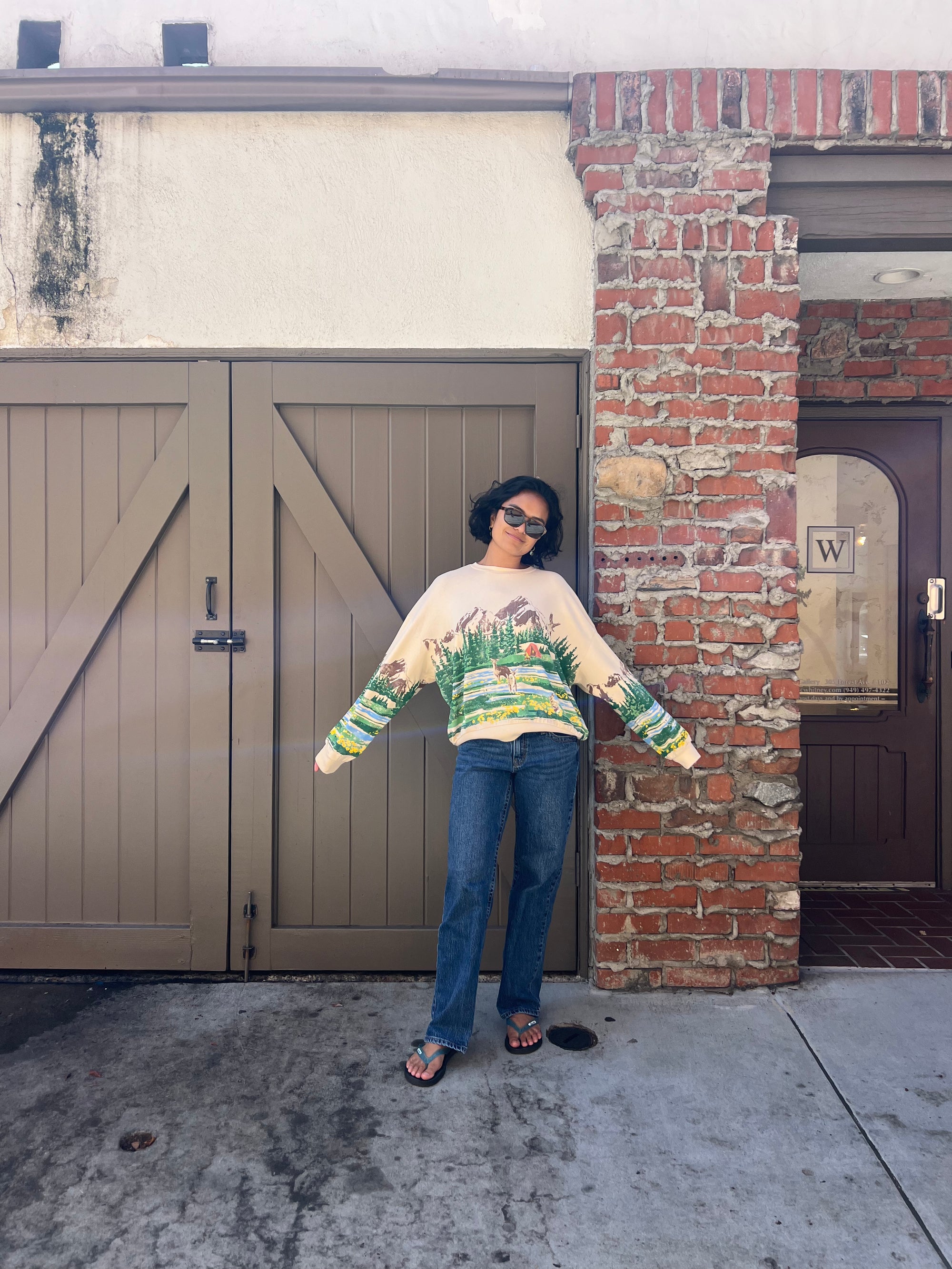 Campsite Scene Oversized Crew Sweatshirt - Sand