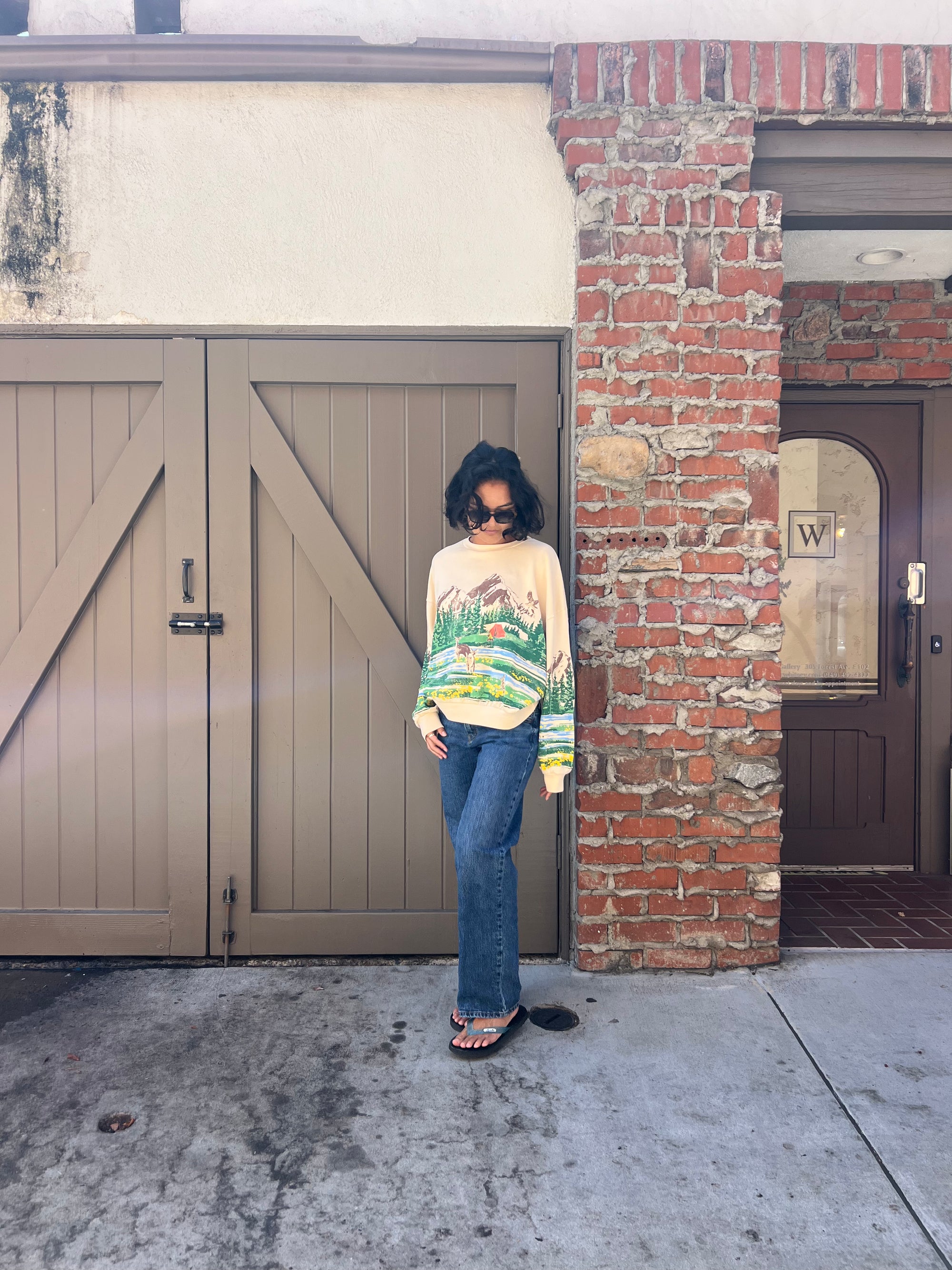 Campsite Scene Oversized Crew Sweatshirt - Sand