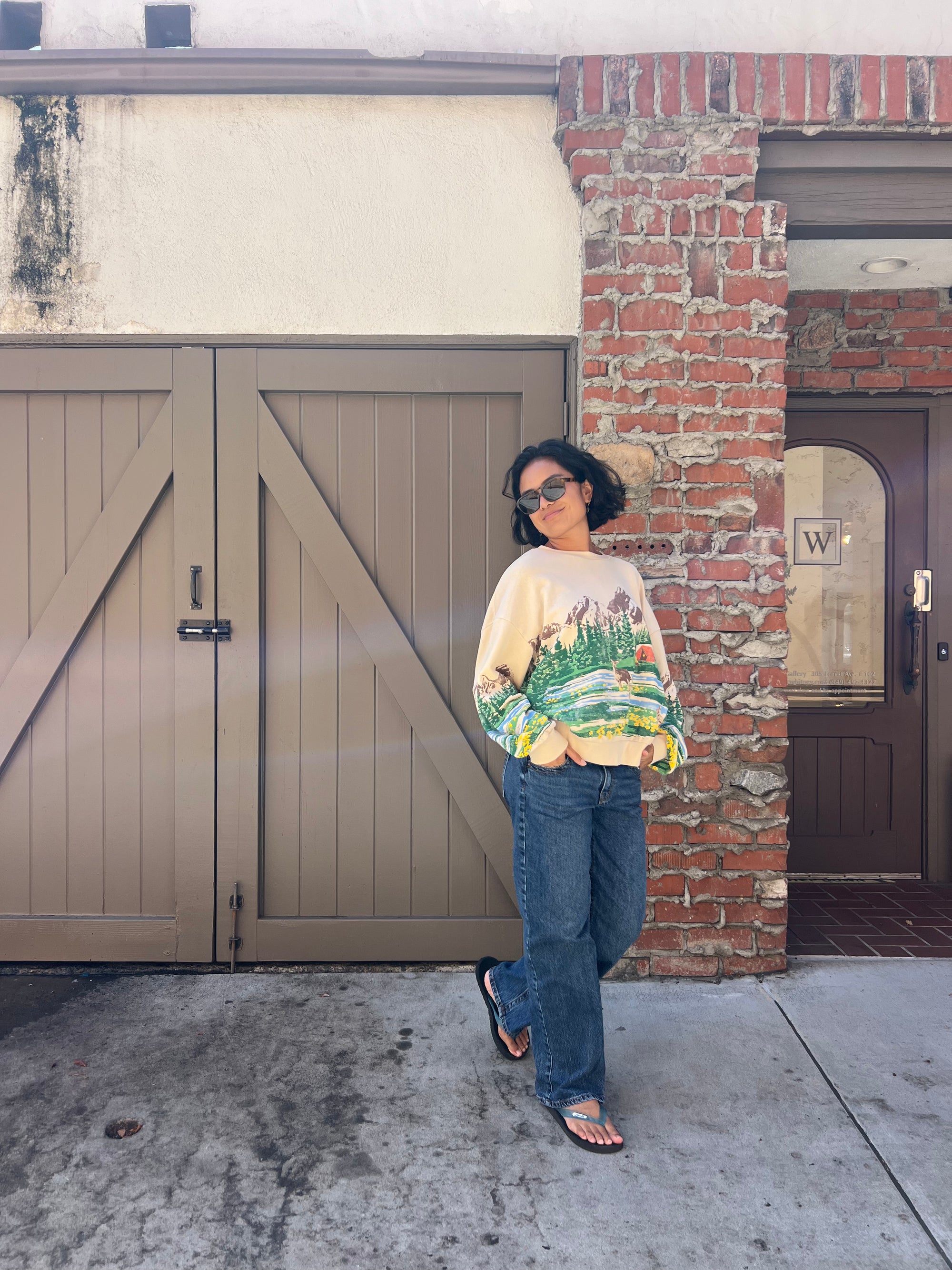 Campsite Scene Oversized Crew Sweatshirt - Sand