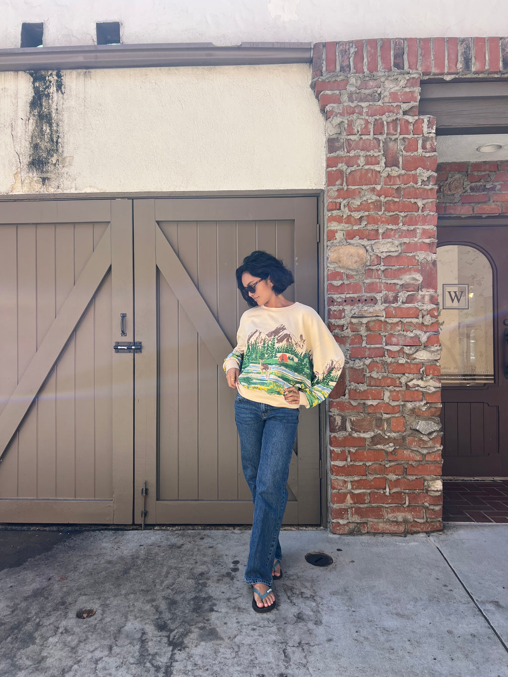 Campsite Scene Oversized Crew Sweatshirt - Sand