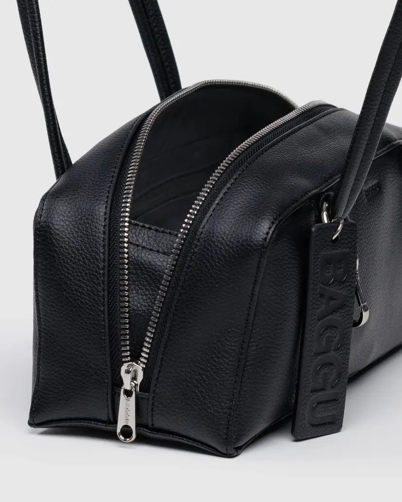 Small Recycled Leather Bowler Bag- Black