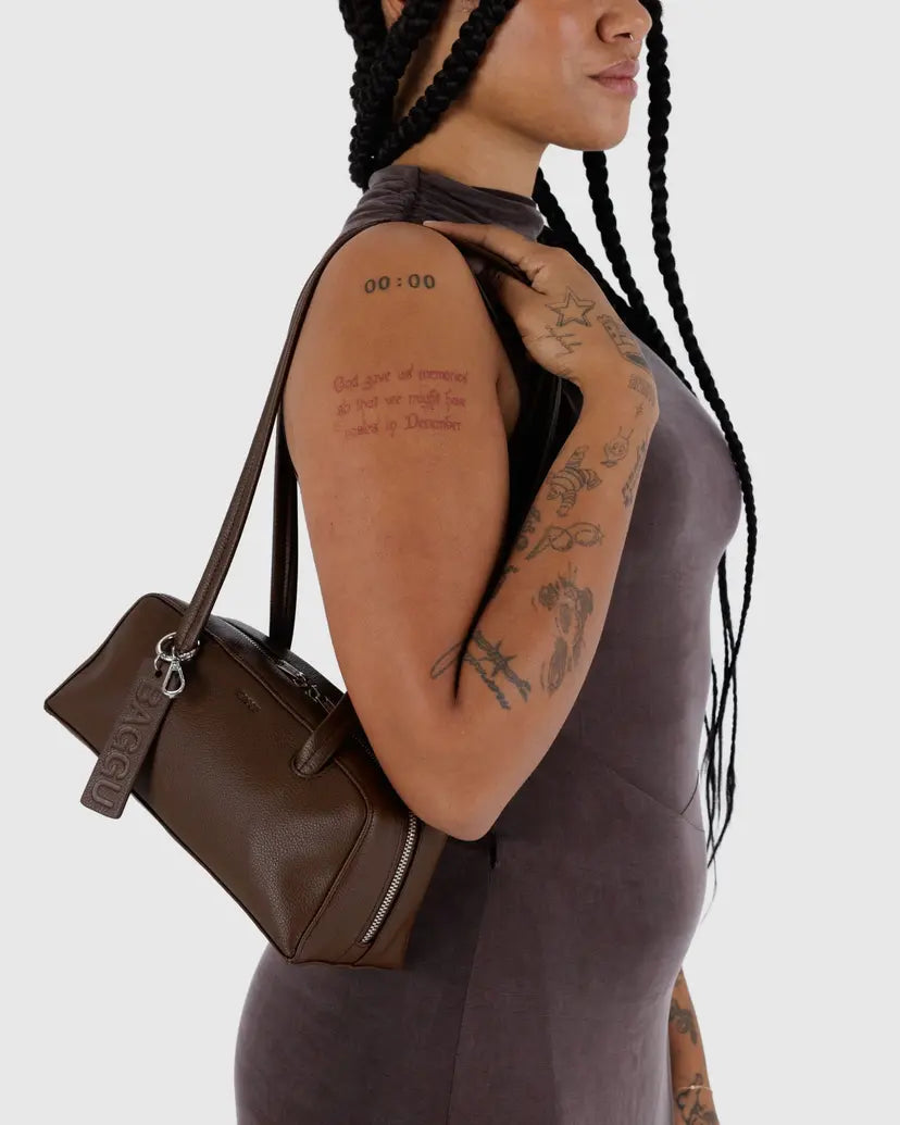 Small Recycled Leather Bowler Bag- Brown