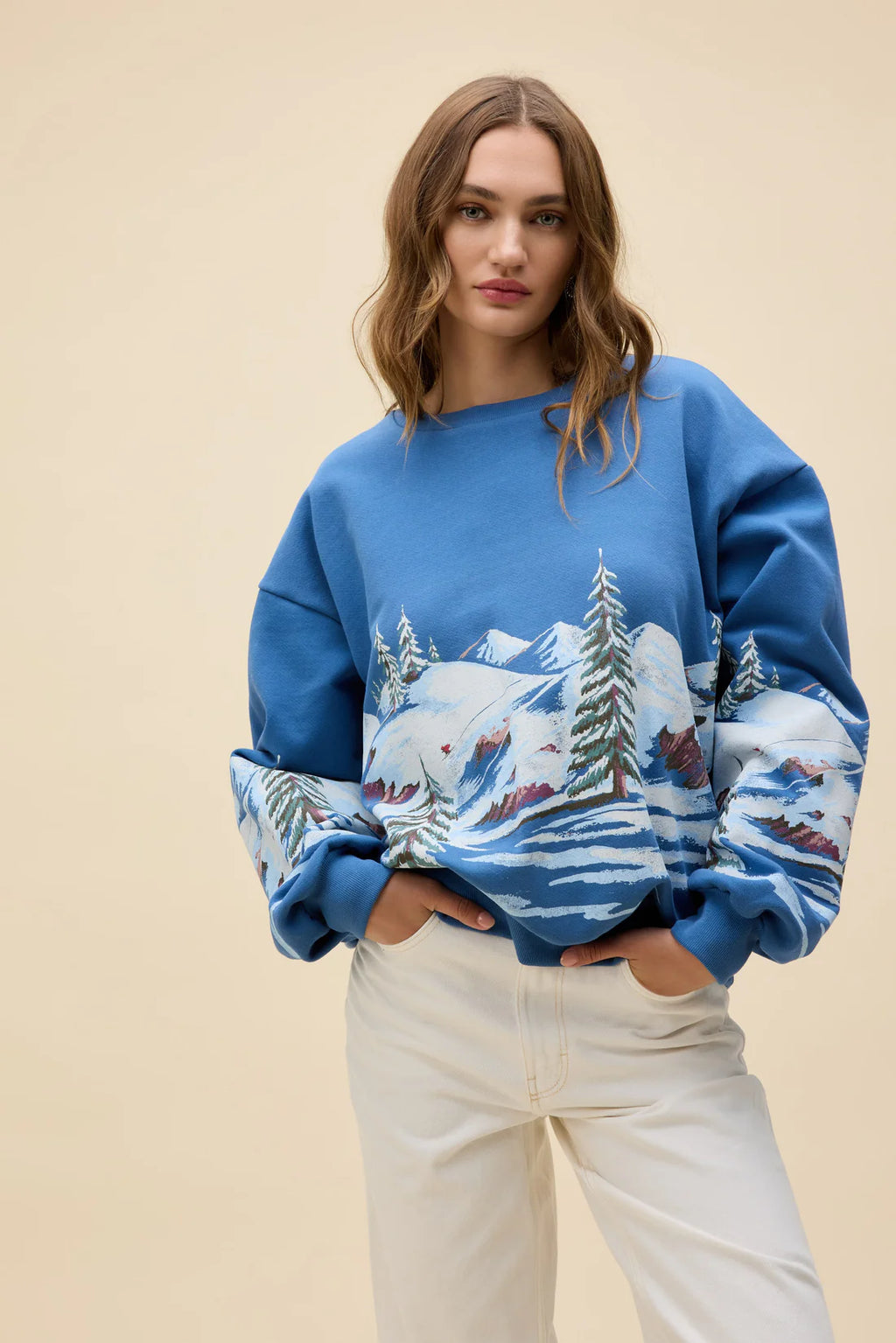 Alpine Ski Scene Oversized Crew Sweatshirt