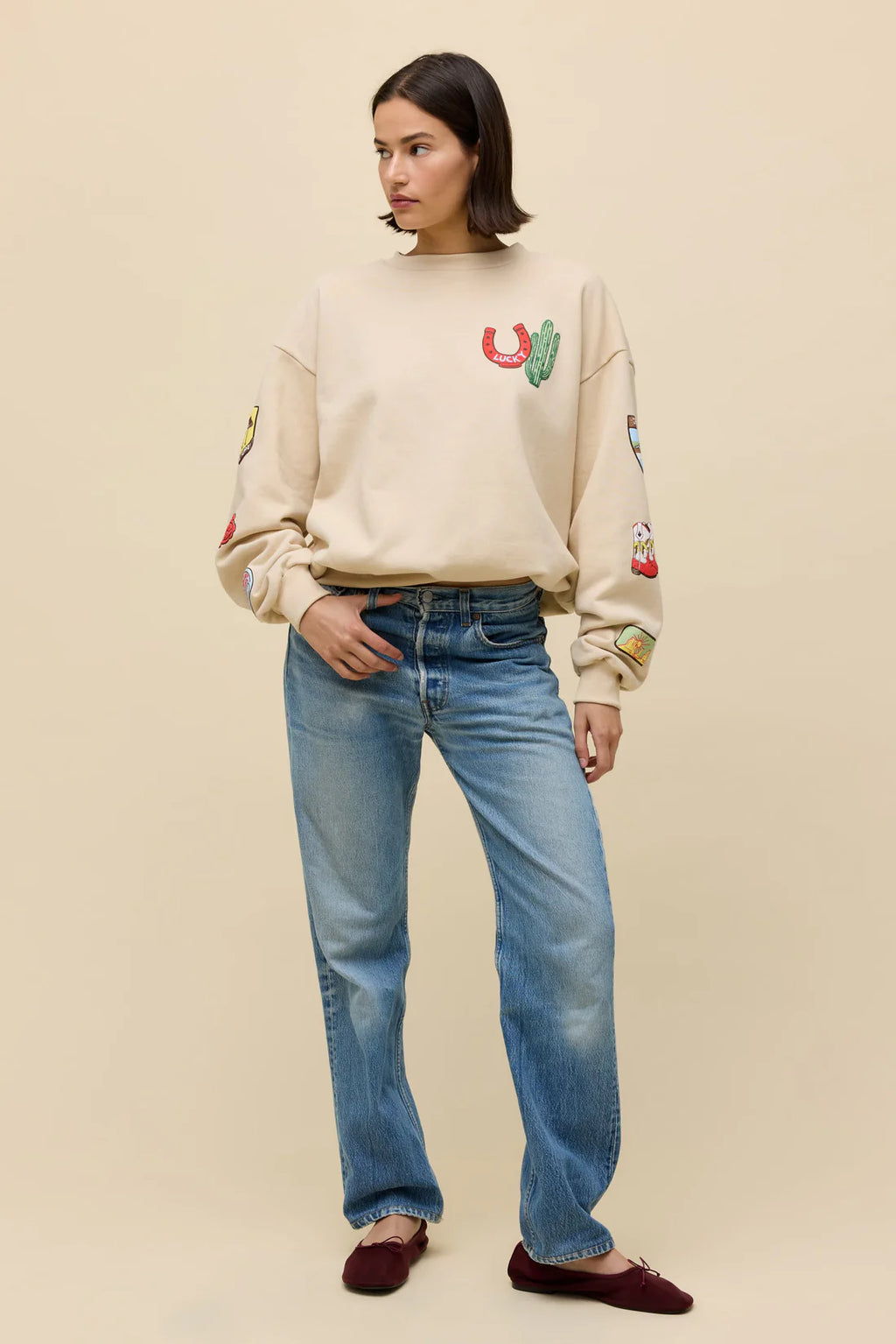 Western Patches Oversized Crew Sweatshirt