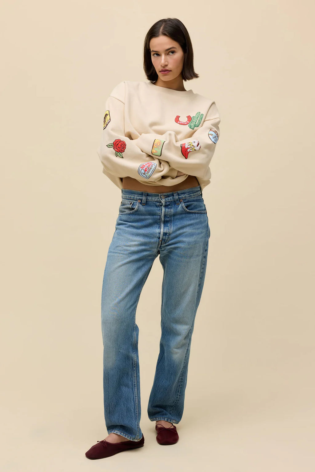 Western Patches Oversized Crew Sweatshirt