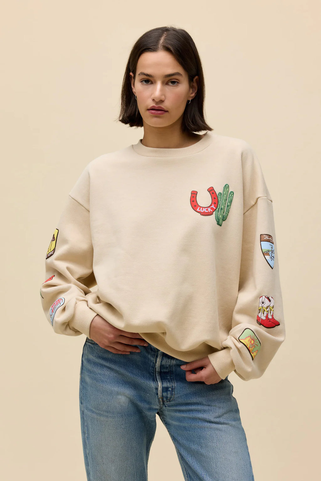 Western Patches Oversized Crew Sweatshirt
