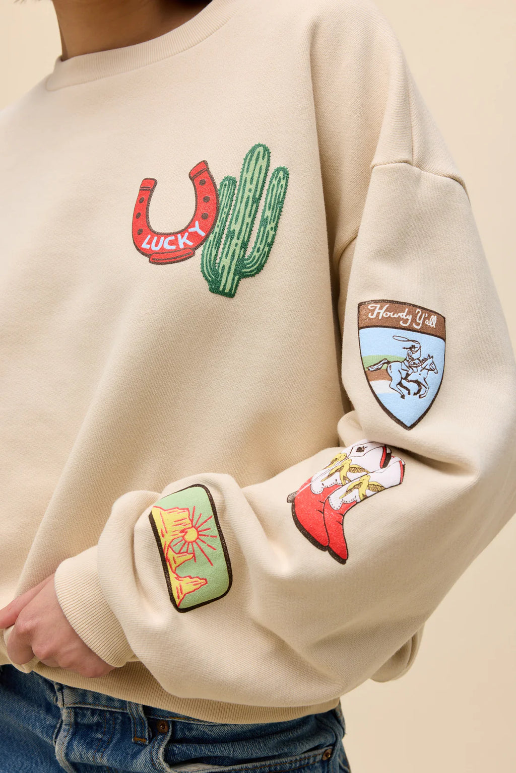 Western Patches Oversized Crew Sweatshirt