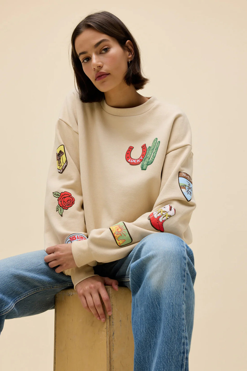 Western Patches Oversized Crew Sweatshirt
