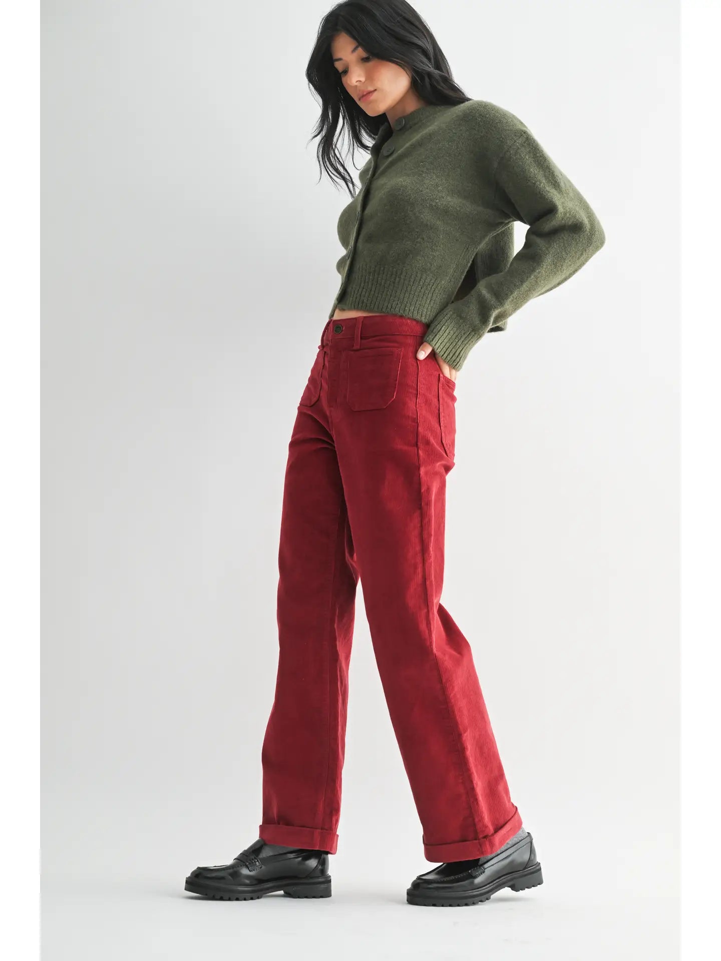 Corduroy Mini Patch Pocket Wide Leg - Dark Red