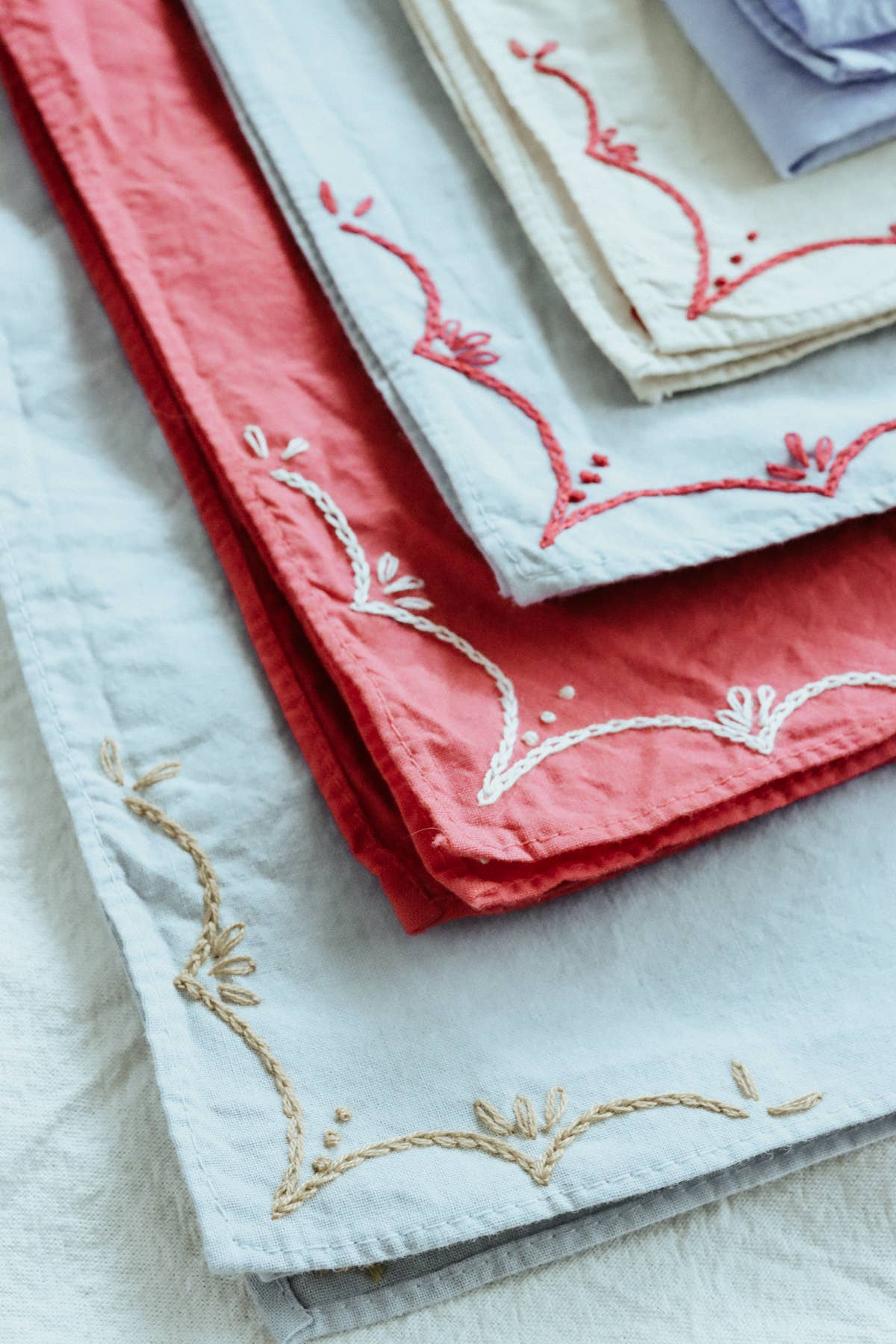 Hand Embroidered Rodeo Cotton Bandana - Sky/ Red
